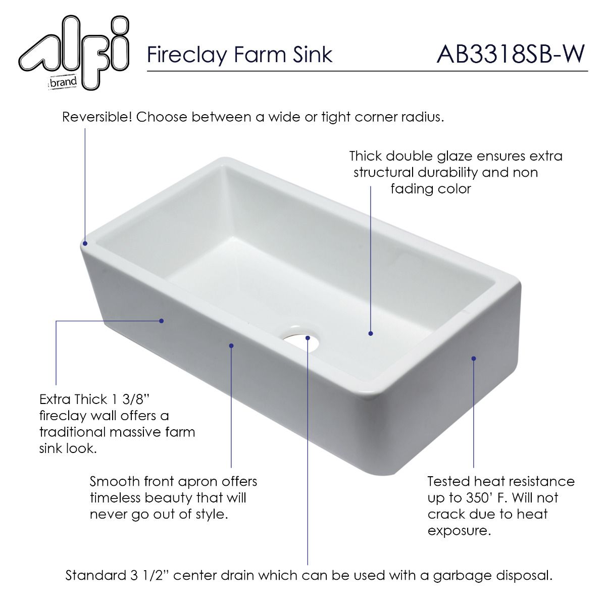 ALFI Brand AB3318SB-W 33" White Smooth Apron Solid Thick Wall Fireclay Single Bowl Farm Sink