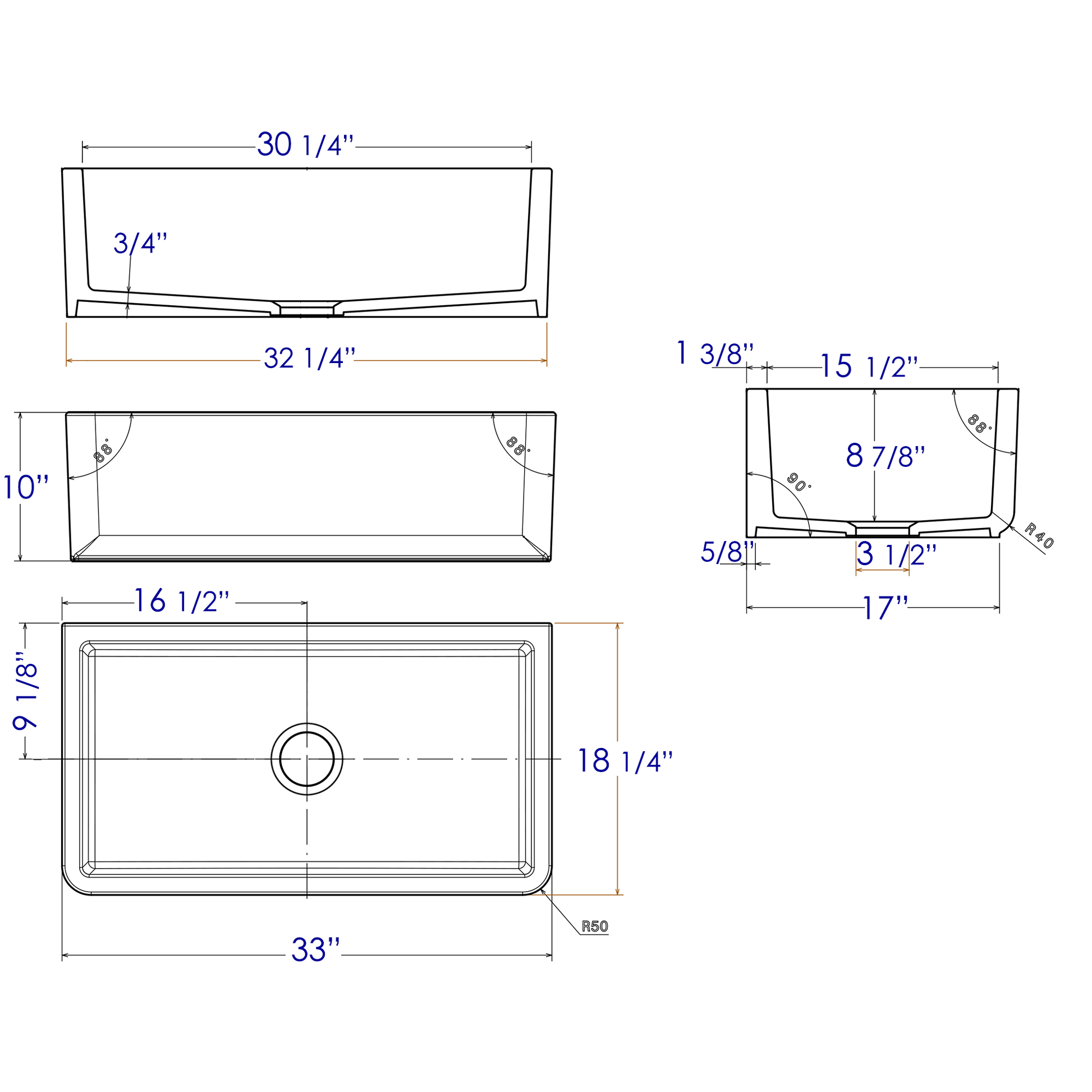 ALFI Brand AB3318SB-W 33" White Smooth Apron Solid Thick Wall Fireclay Single Bowl Farm Sink