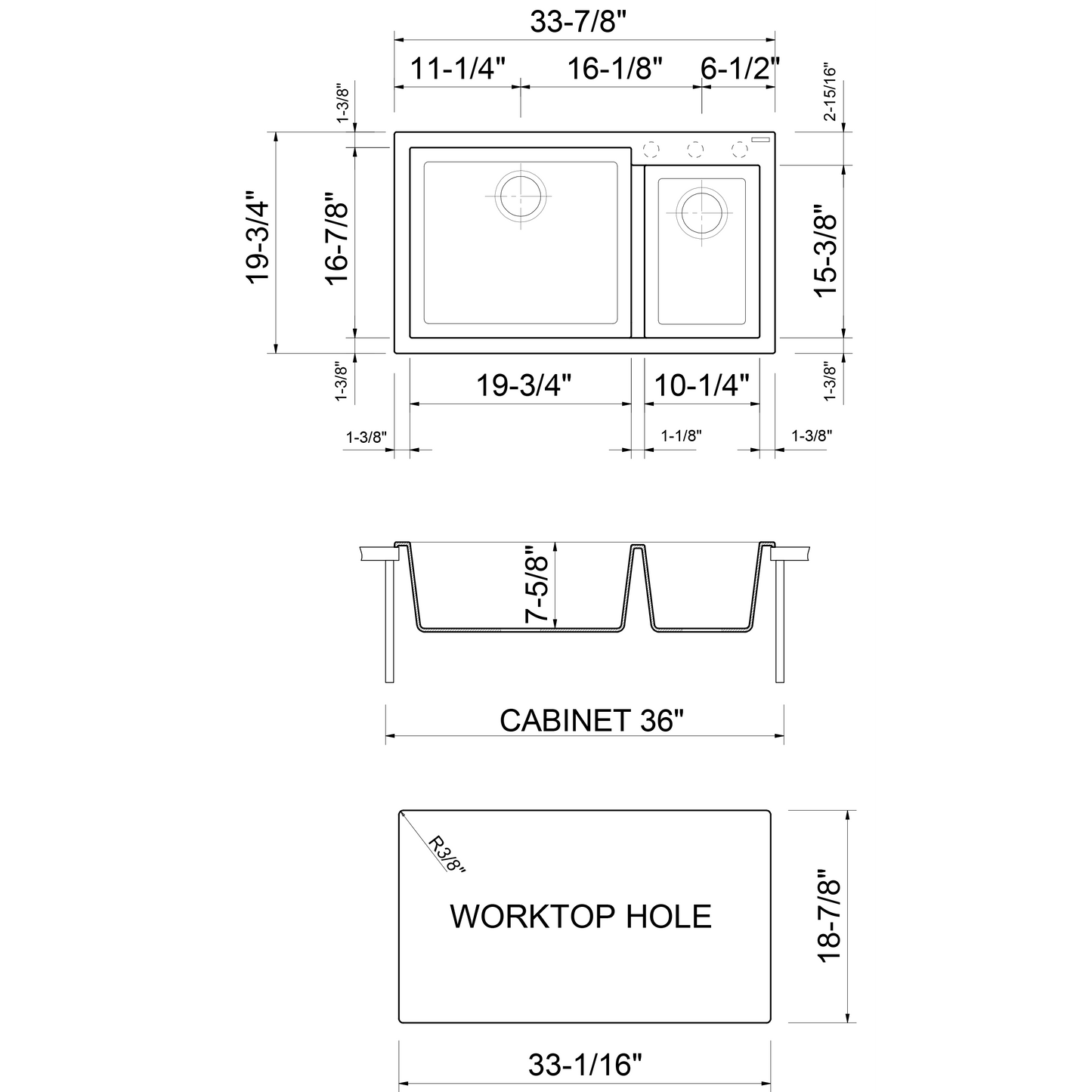 ALFI Brand AB3319DI-BLA Black 34" Double Bowl Drop In Granite Composite Kitchen Sink