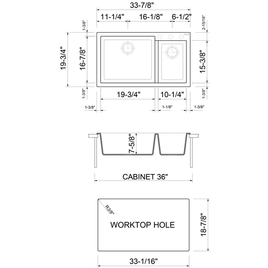 ALFI Brand AB3319DI-BLA Black 34" Double Bowl Drop In Granite Composite Kitchen Sink