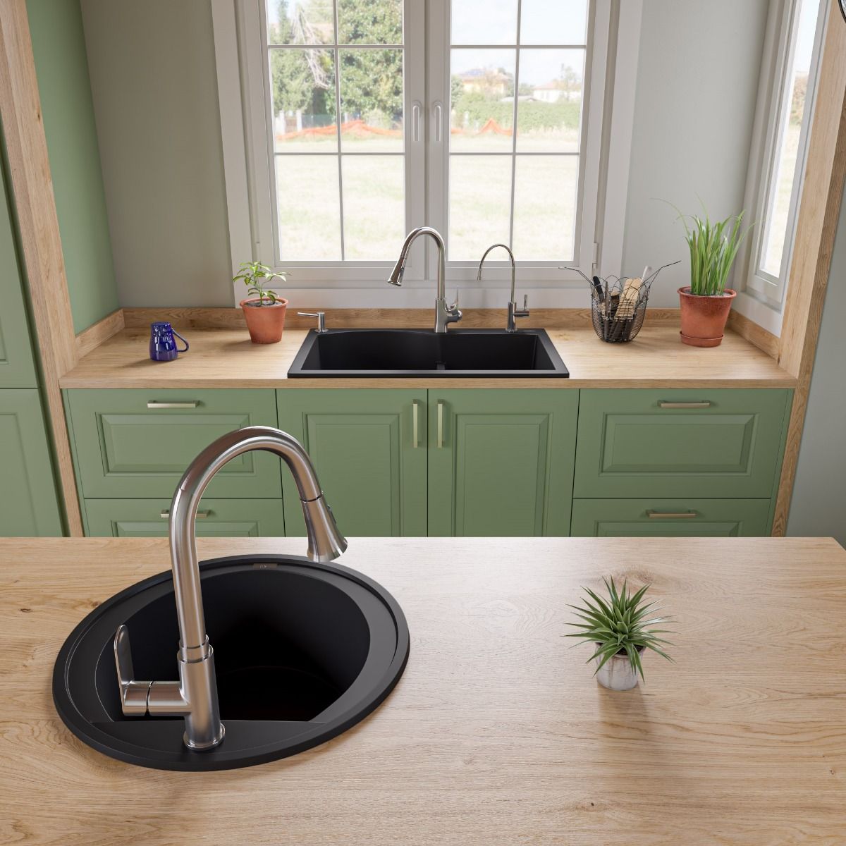 ALFI Brand AB3320DI-BLA Black 33" Double Bowl Drop In Granite Composite Kitchen Sink