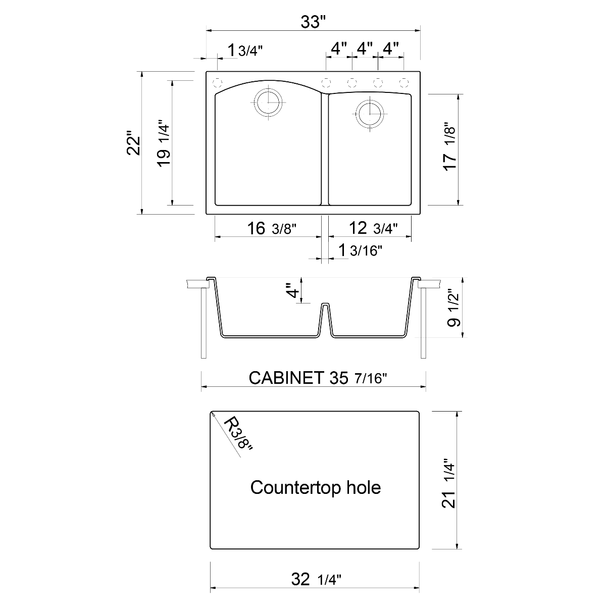 ALFI Brand AB3320DI-C Chocolate 33" Double Bowl Drop In Granite Composite Kitchen Sink