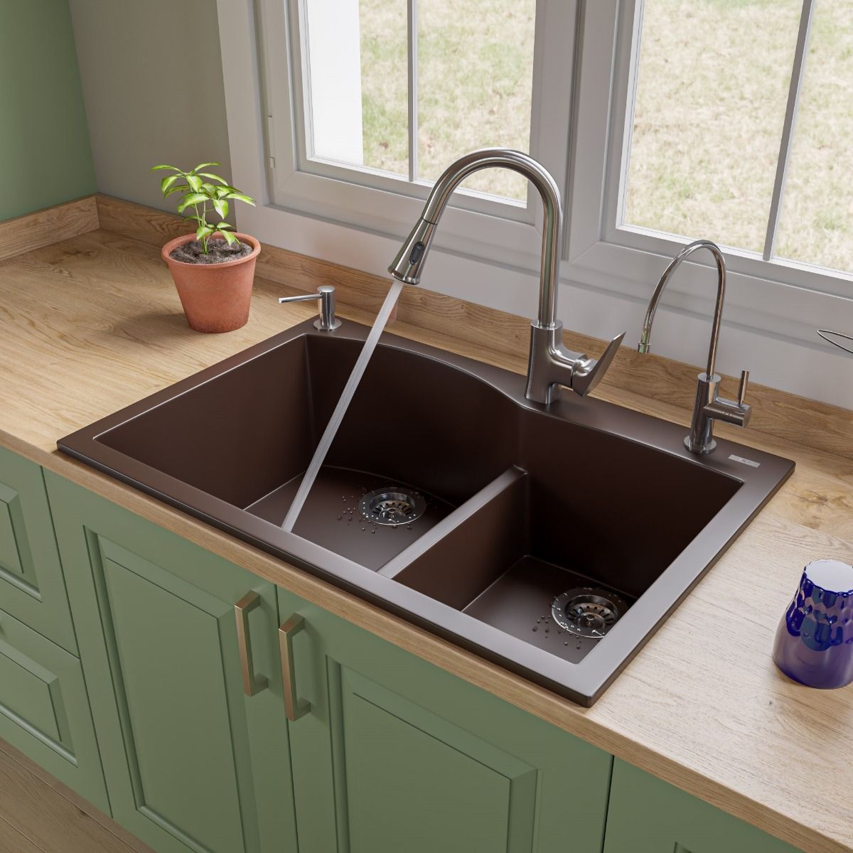 ALFI Brand AB3320DI-C Chocolate 33" Double Bowl Drop In Granite Composite Kitchen Sink