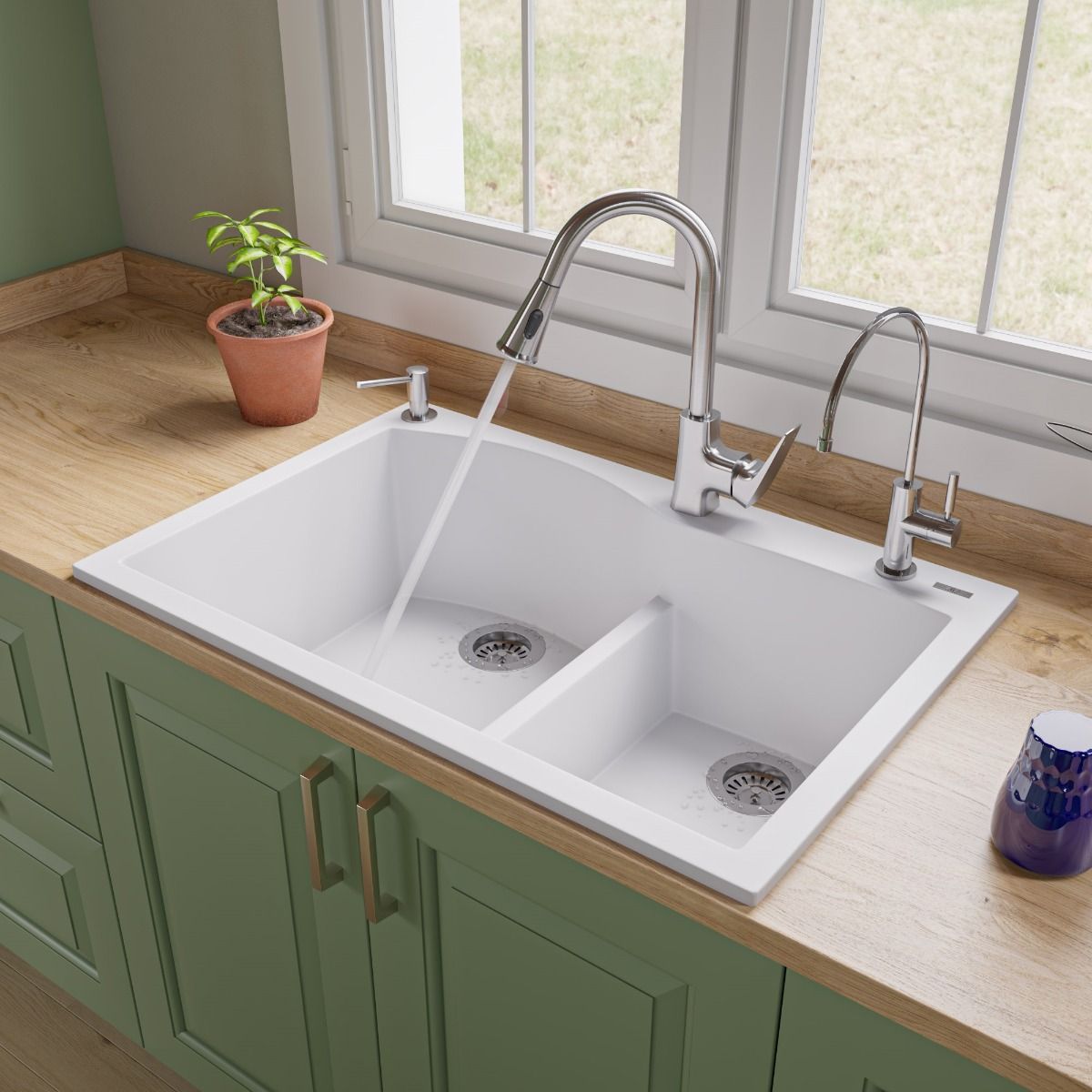 ALFI Brand AB3320DI-W White 33" Double Bowl Drop In Granite Composite Kitchen Sink