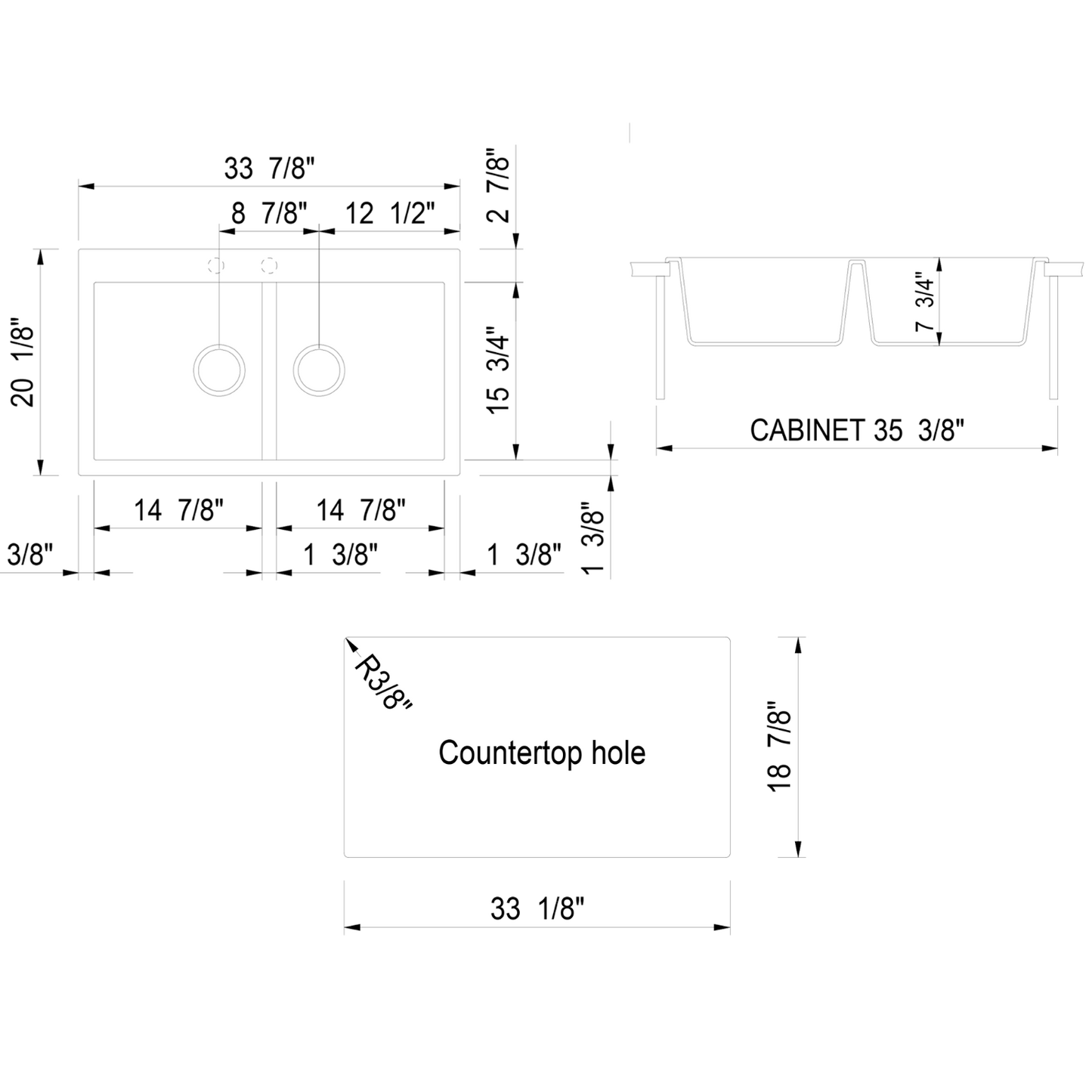 ALFI Brand AB3420DI-BLA Black 34" Drop-In Double Bowl Granite Composite Kitchen Sink