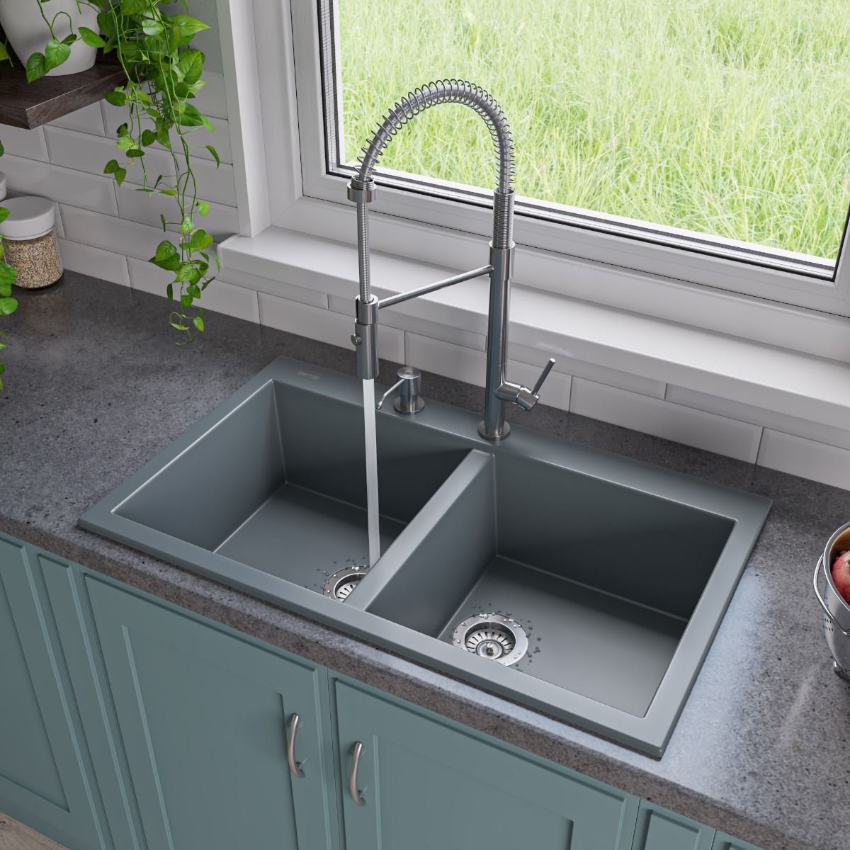 ALFI Brand AB3420DI-T Titanium 34" Drop-In Double Bowl Granite Composite Kitchen Sink