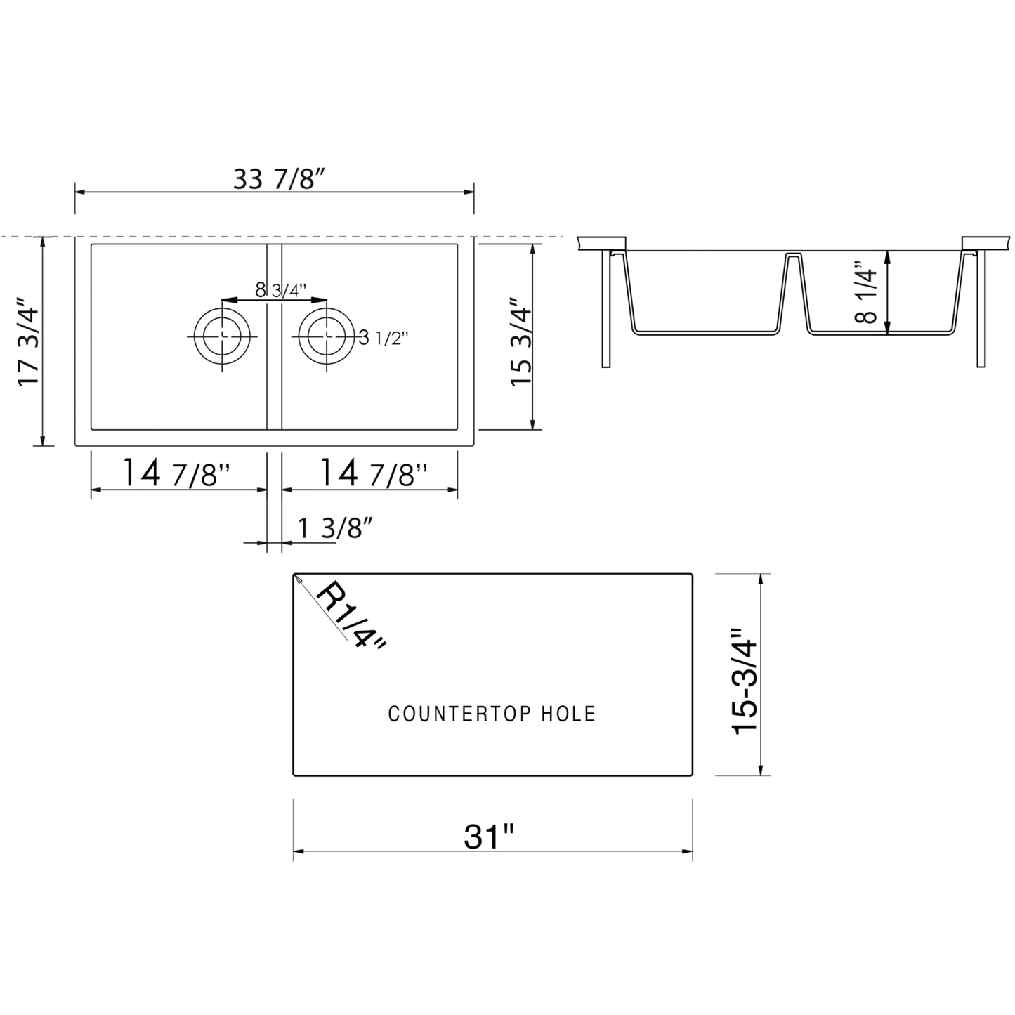 ALFI Brand AB3420UM-BLA Black 34" Undermount Double Bowl Granite Composite Kitchen Sink