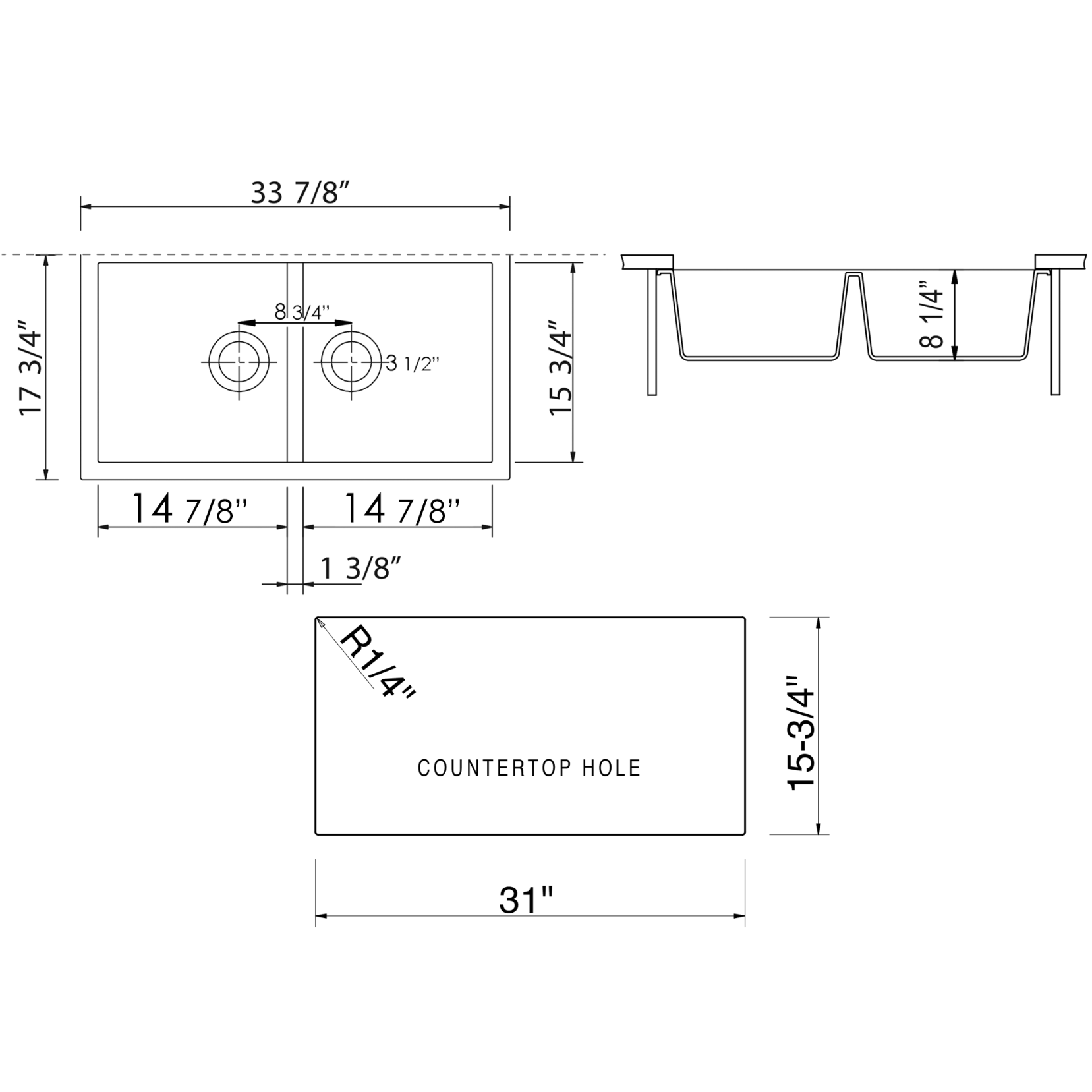 ALFI Brand AB3420UM-BLA Black 34" Undermount Double Bowl Granite Composite Kitchen Sink