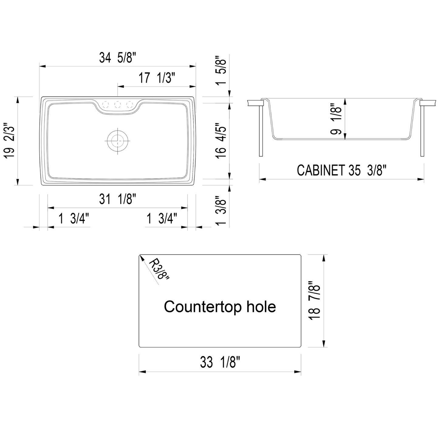 ALFI Brand AB3520DI-BLA Black 35" Drop-In Single Bowl Granite Composite Kitchen Sink