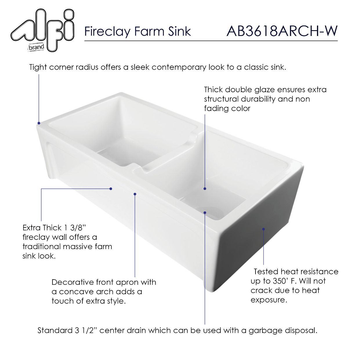 ALFI Brand AB3618ARCH-W 36" White Arched Apron Thick Wall Fireclay Double Bowl Farm Sink