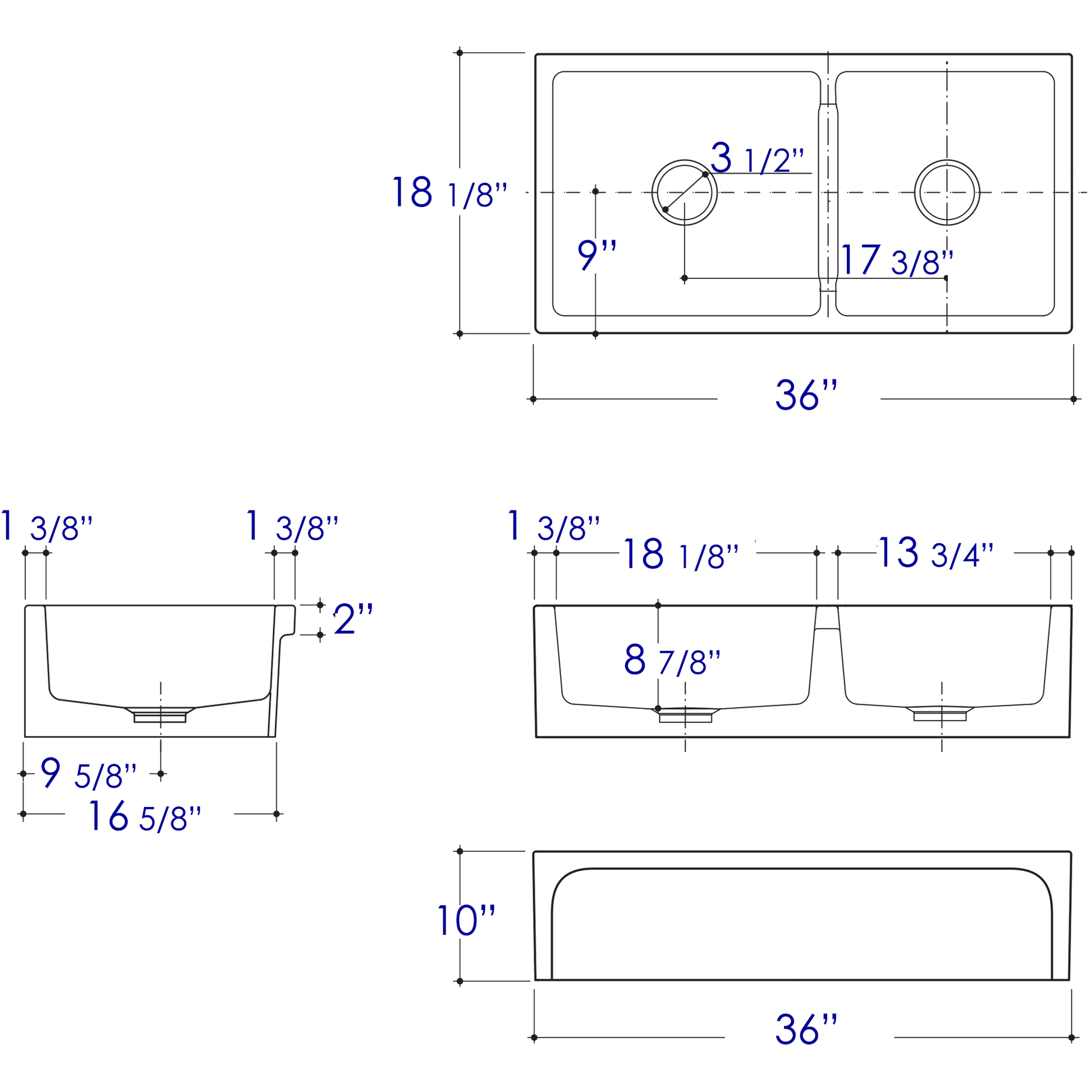 ALFI Brand AB3618ARCH-W 36" White Arched Apron Thick Wall Fireclay Double Bowl Farm Sink