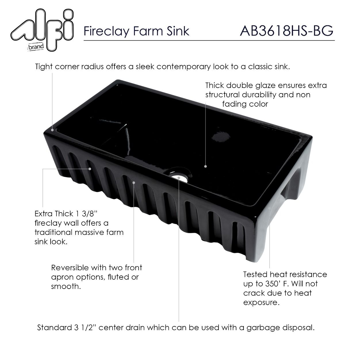 ALFI Brand AB3618HS-BG 36" Black Gloss Reversible Smooth / Fluted Single Bowl Fireclay Farm Sink