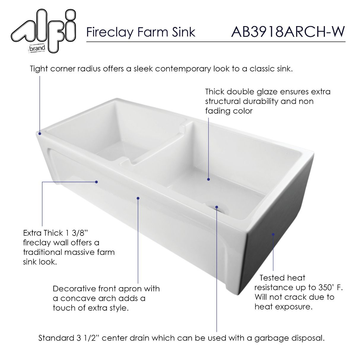 ALFI Brand AB3918ARCH-W 39" White Arched Apron Thick Wall Fireclay Double Bowl Farm Sink