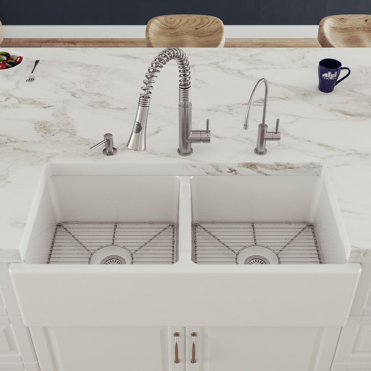 ALFI Brand AB3918DB-B 39" Biscuit Smooth Apron Thick Wall Fireclay Double Bowl Farm Sink