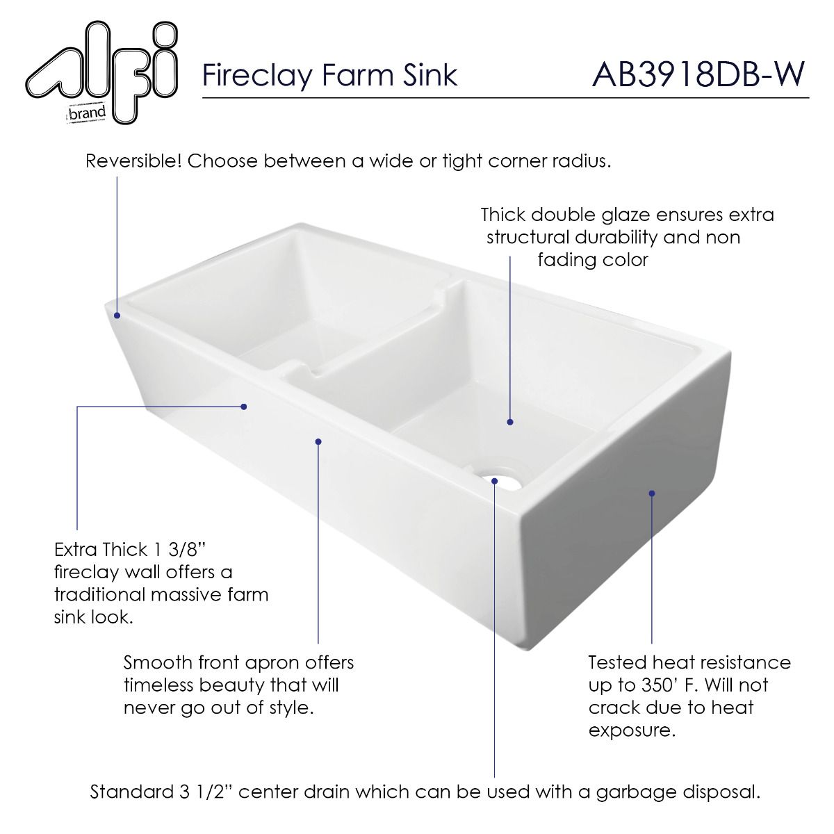 ALFI Brand AB3918DB-W 39" White Smooth Apron Thick Wall Fireclay Double Bowl Farm Sink