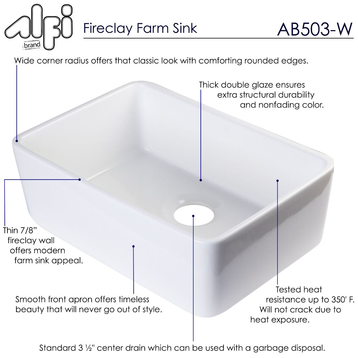 ALFI Brand AB503-W White 23" Smooth Apron Fireclay Single Bowl Farmhouse Kitchen Sink