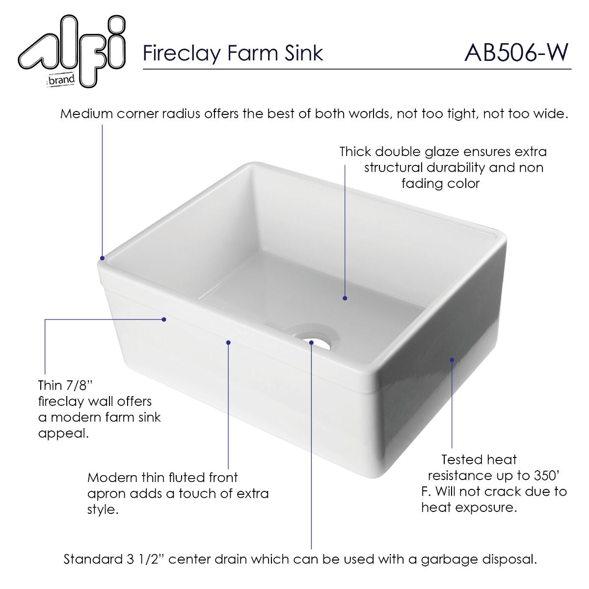 ALFI Brand AB506-W White 26" Decorative Lip Apron Single Bowl Fireclay Farmhouse Kitchen Sink