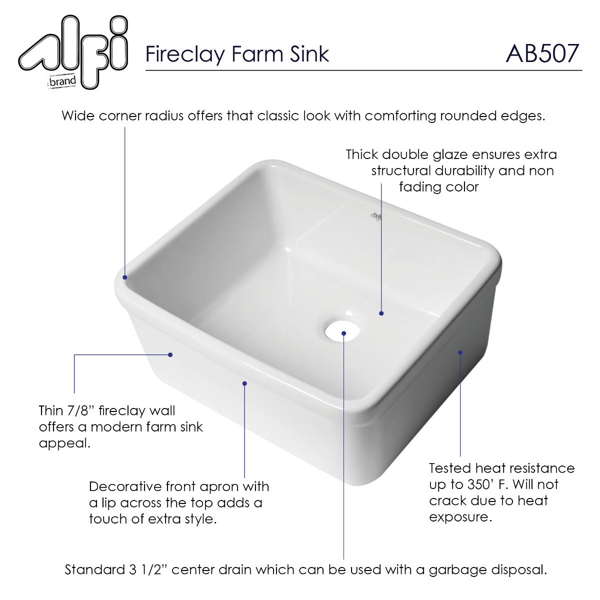 ALFI Brand AB507 White 20" Single Bowl Apron Fireclay Farmhouse Kitchen Sink