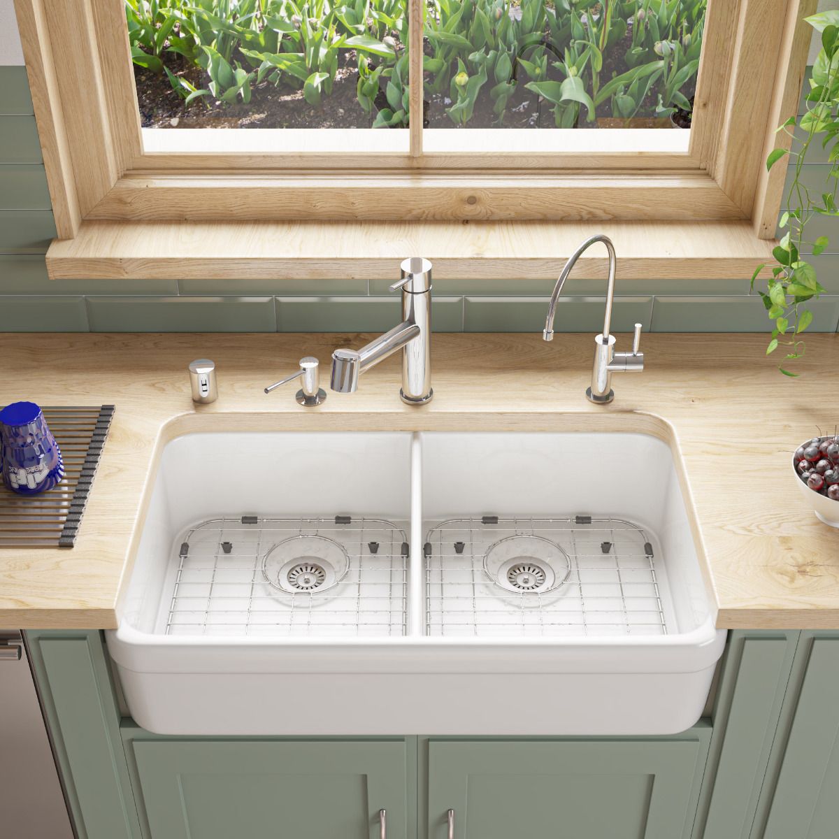 ALFI Brand AB512-W White 32" Double Bowl Lip Apron Fireclay Farmhouse Kitchen Sink with 1 3/4" Lip