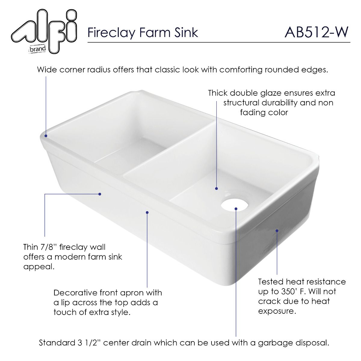 ALFI Brand AB512-W White 32" Double Bowl Lip Apron Fireclay Farmhouse Kitchen Sink with 1 3/4" Lip
