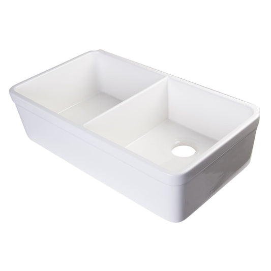 ALFI Brand AB512-W White 32" Double Bowl Lip Apron Fireclay Farmhouse Kitchen Sink with 1 3/4" Lip