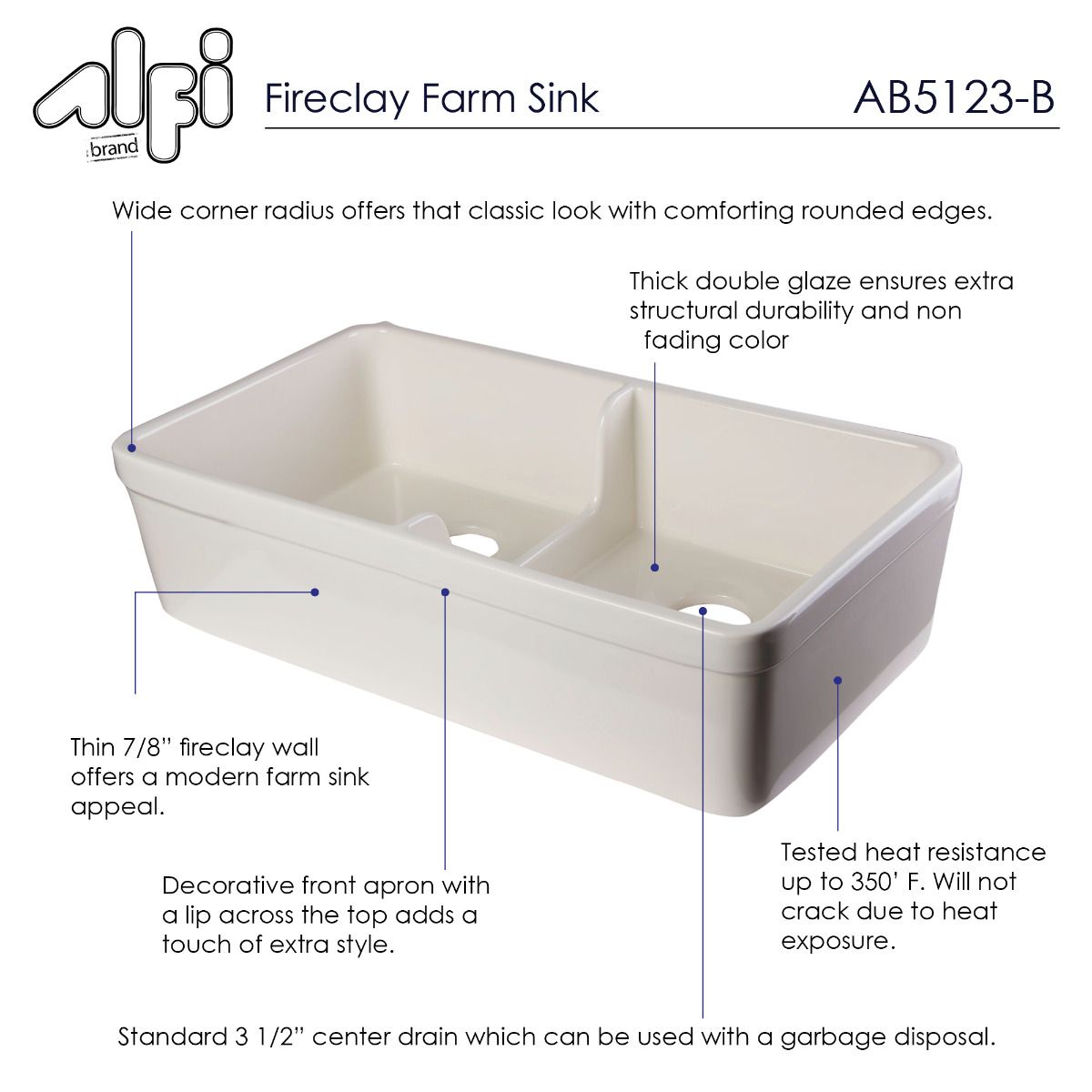 ALFI Brand AB5123-B Biscuit 32" Short Wall Double Bowl Lip Apron Fireclay Farmhouse Kitchen Sink