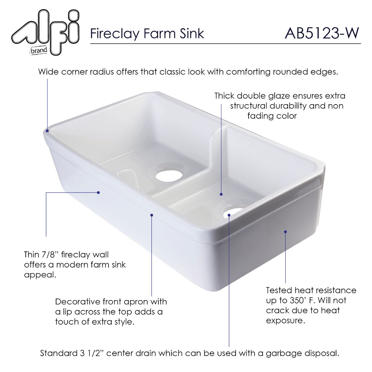 ALFI Brand AB5123-W White 32" Short Wall Double Bowl Lip Apron Fireclay Farmhouse Kitchen Sink