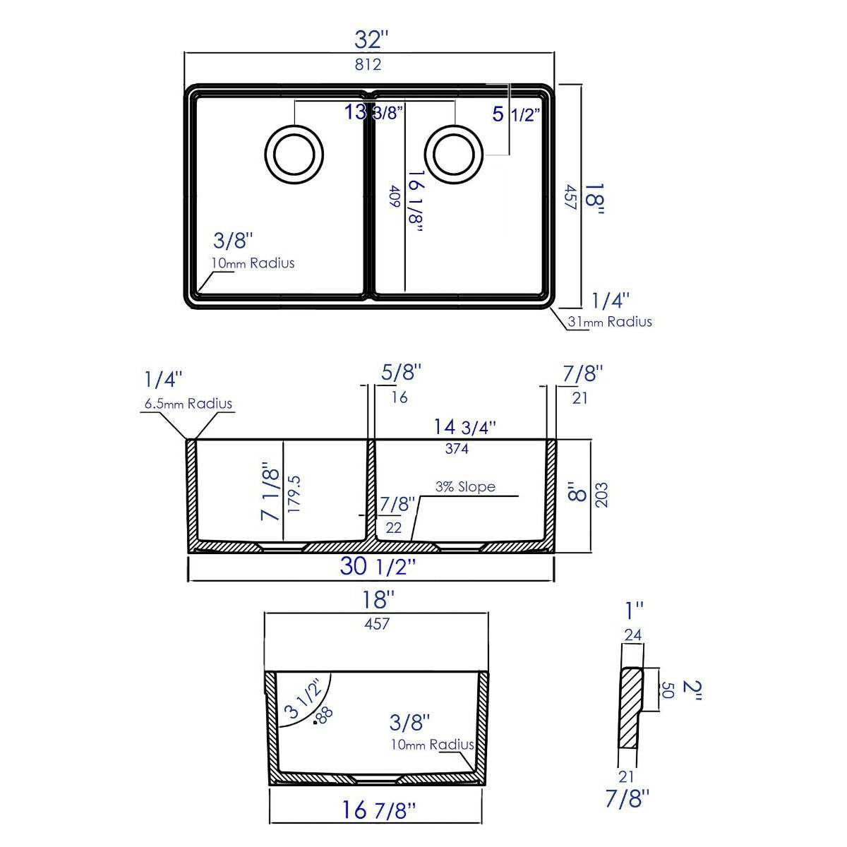 ALFI Brand AB512UM-W 32" White Double Bowl Fireclay Undermount Kitchen Sink