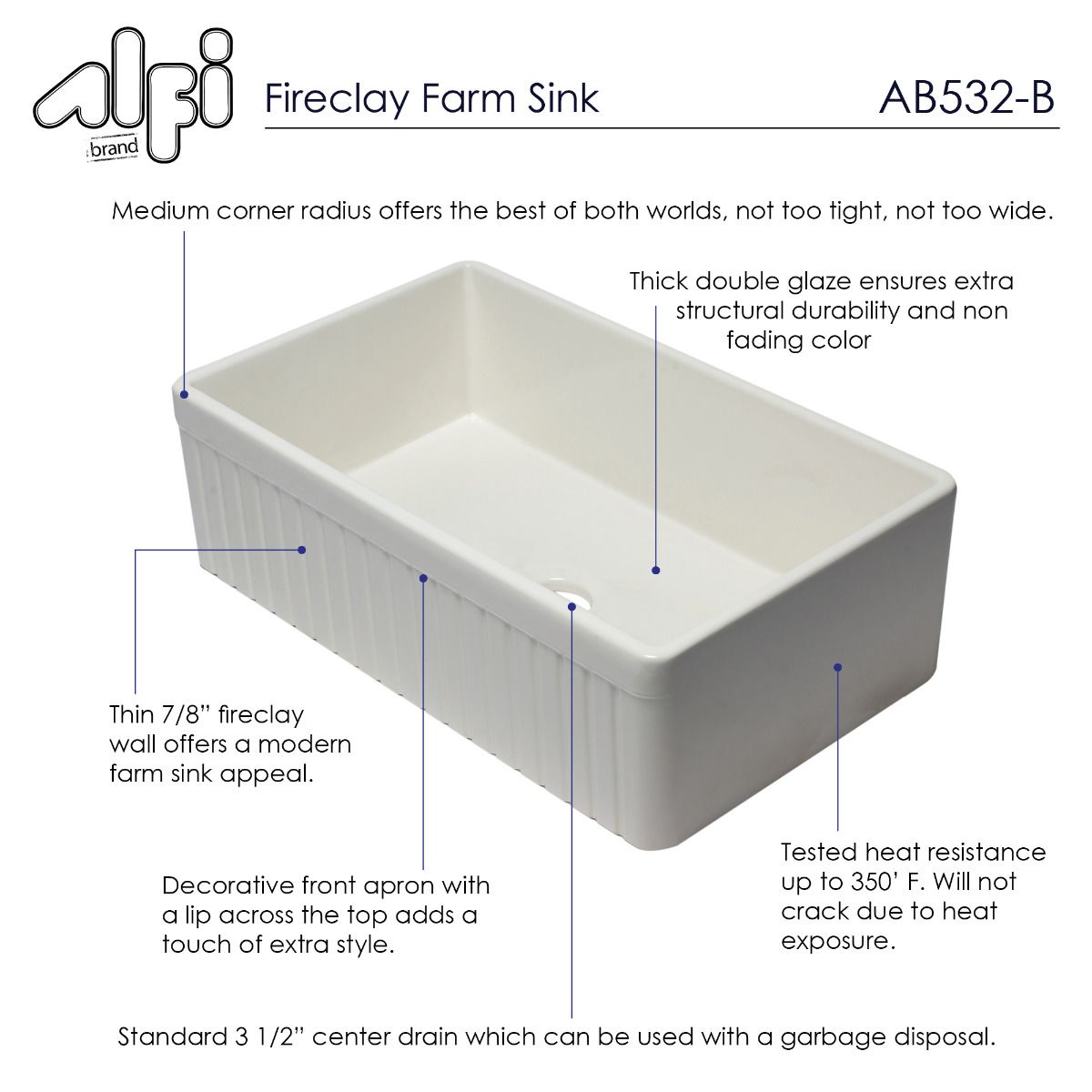 ALFI Brand AB532-B 33" Biscuit Single Bowl Fluted Apron Fireclay Farm Sink