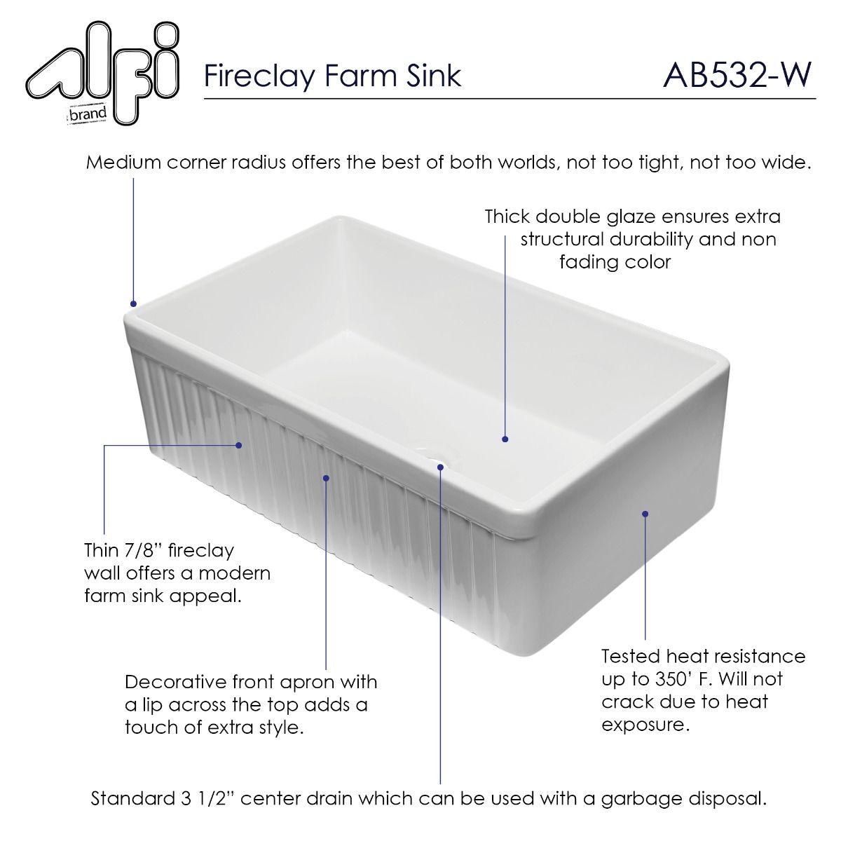 ALFI Brand AB532-W 33" White Single Bowl Fluted Apron Fireclay Farm Sink