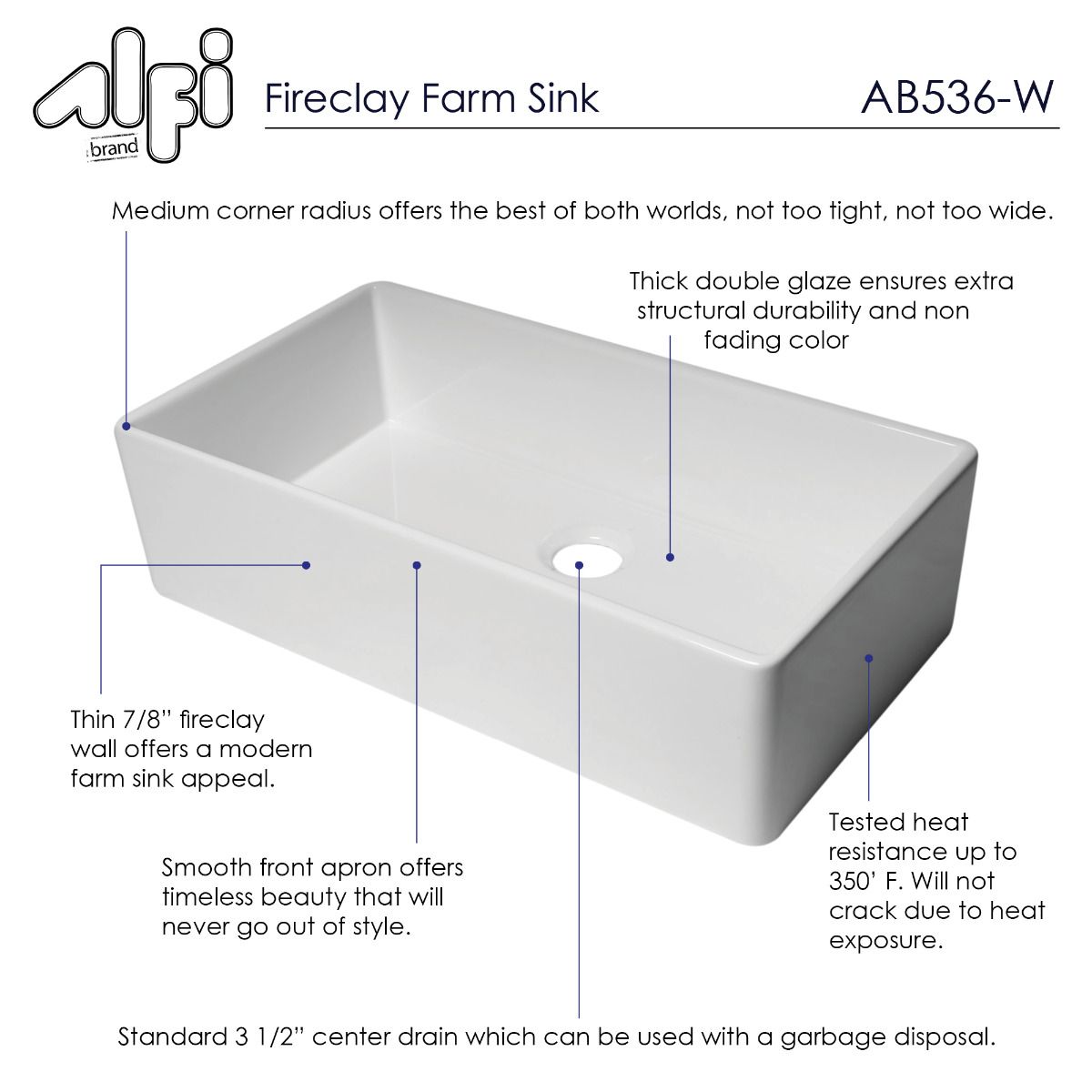 ALFI Brand AB536-W White 36" Smooth Apron Single Bowl Fireclay Farm Sink