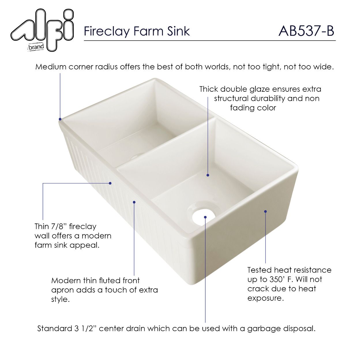 ALFI Brand AB537-B Biscuit 32" Fluted Apron Double Bowl Fireclay Farmhouse Kitchen Sink