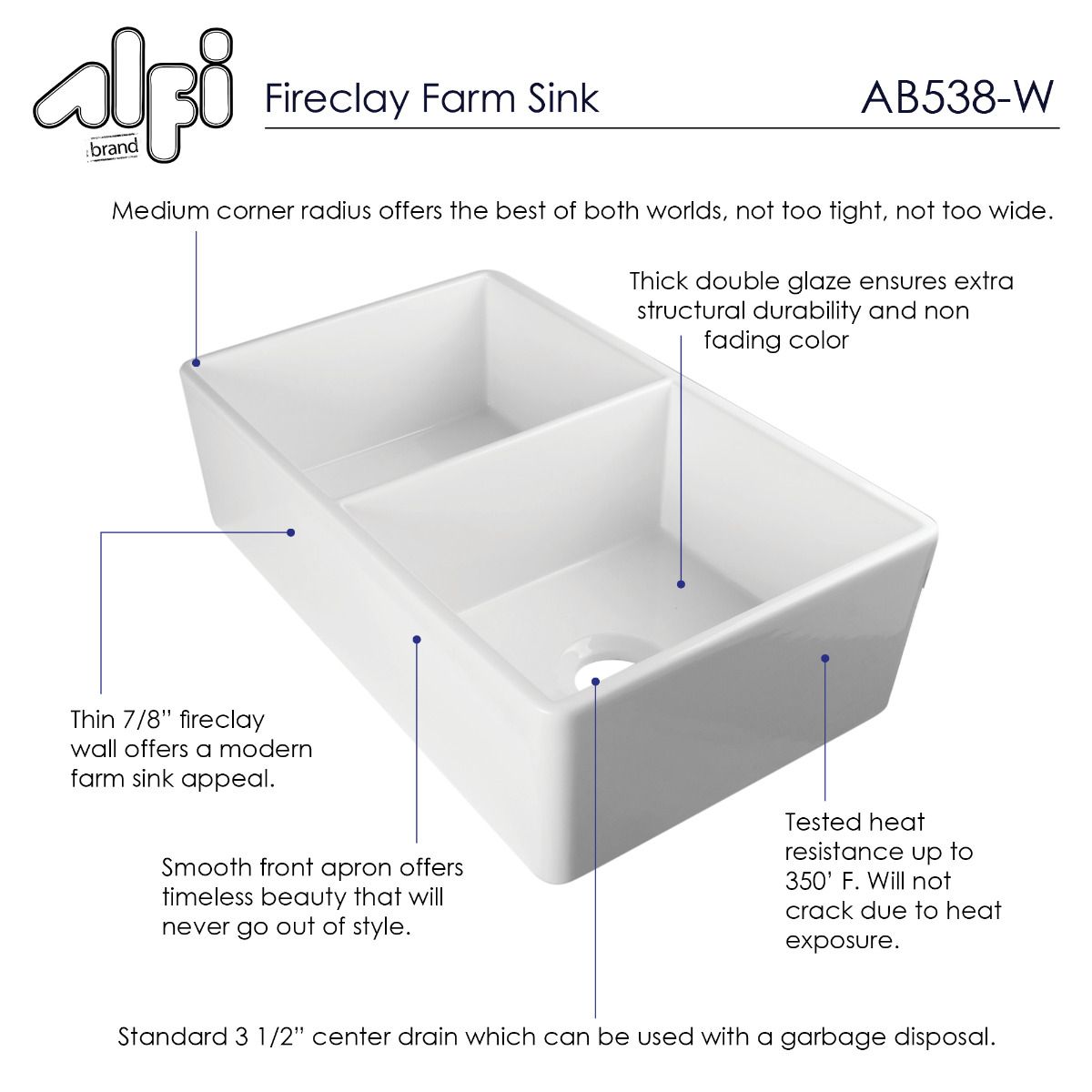 ALFI Brand AB538-W White 32" Smooth Apron Double Bowl Fireclay Farmhouse Kitchen Sink