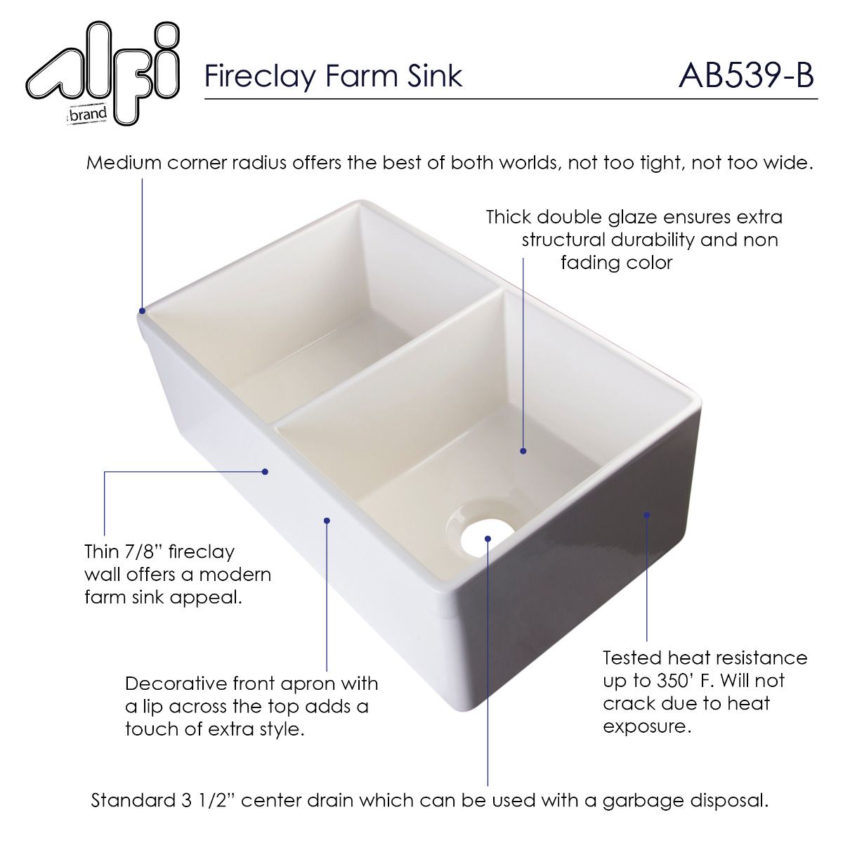 ALFI Brand AB539-B Biscuit 32" Decorative Lip Apron Double Bowl Fireclay Farmhouse Kitchen Sink