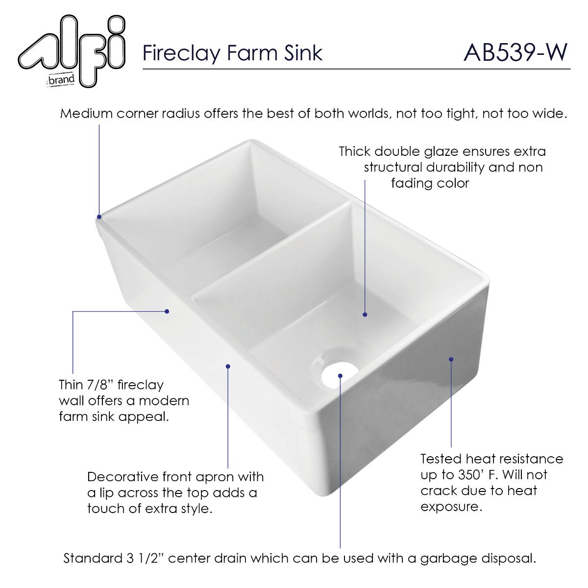 ALFI Brand AB539-W White 32" Decorative Lip Apron Double Bowl Fireclay Farmhouse Kitchen Sink