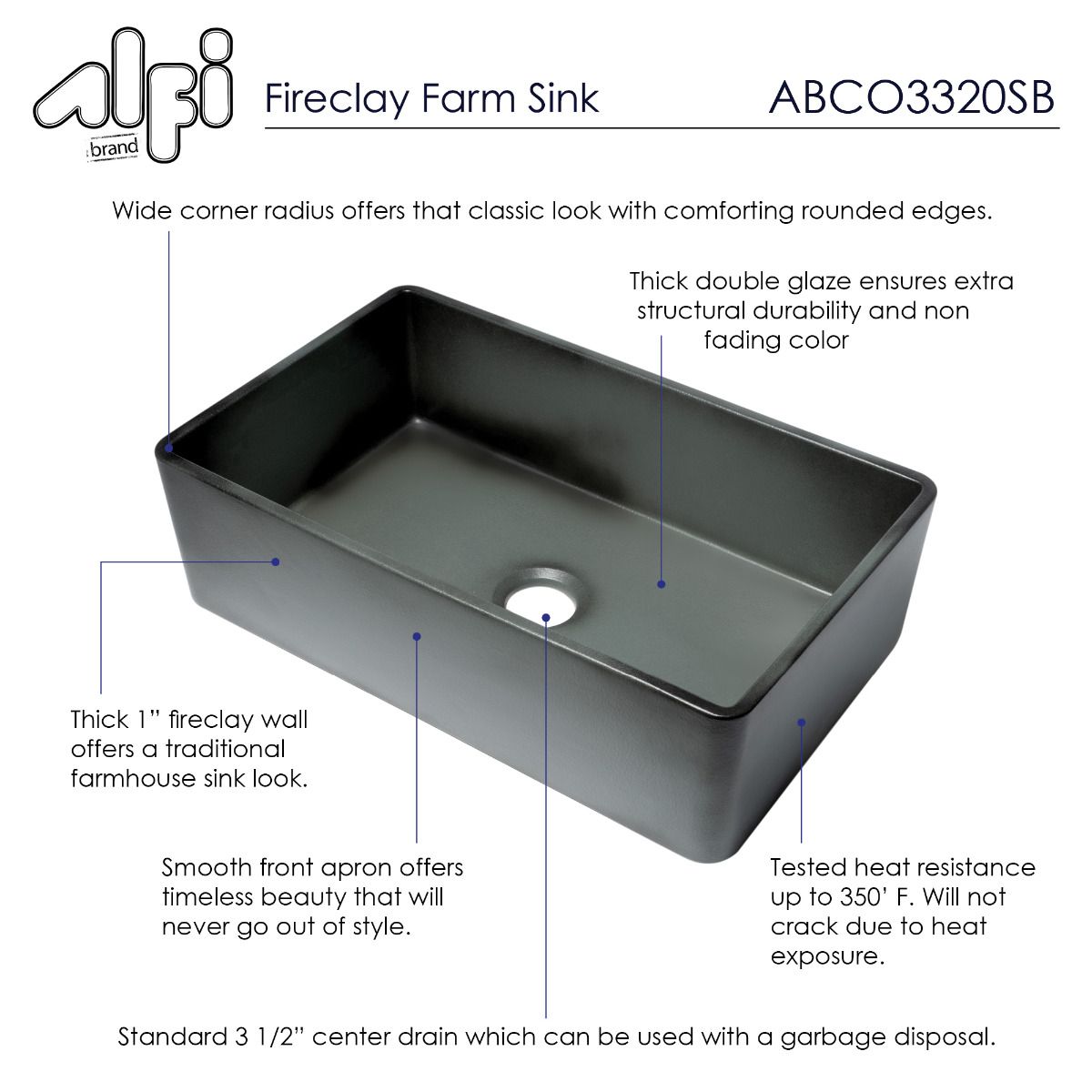 ALFI Brand ABCO3320SB Concrete Color 33 inch Reversible Single Fireclay Farmhouse Kitchen Sink