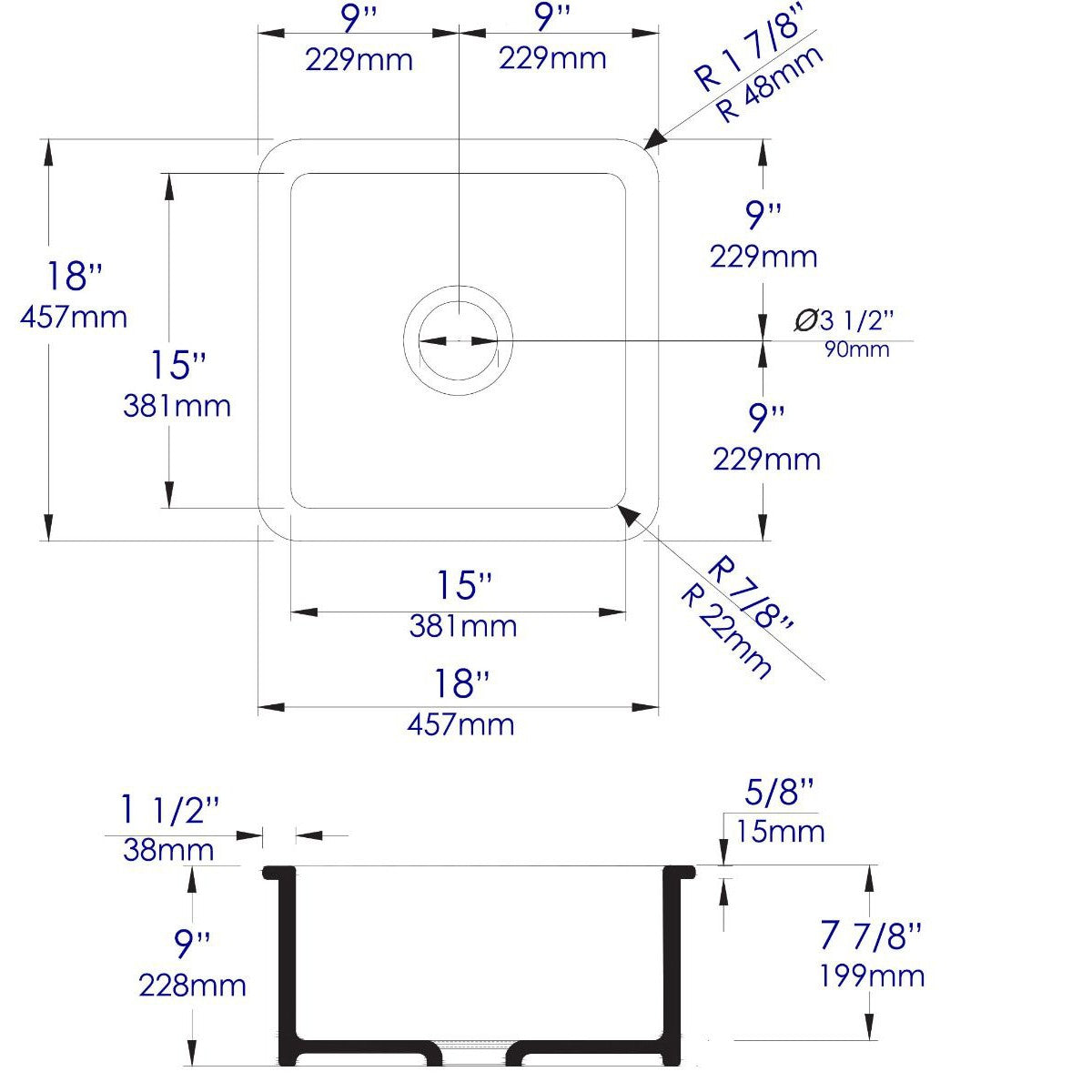 ALFI Brand ABF1818S-BM Black Matte Square 18" x 18" Undermount / Drop In Fireclay Prep Sink