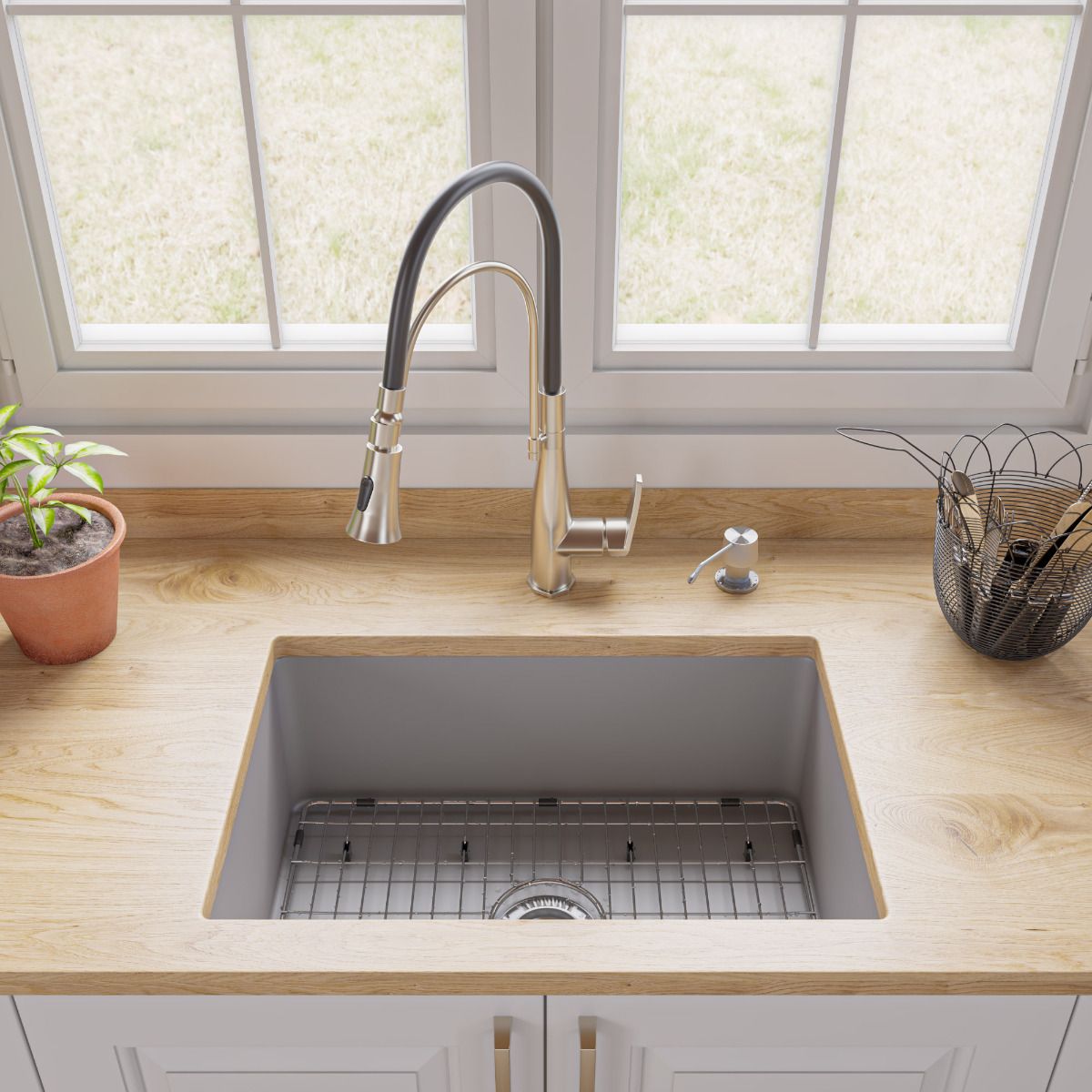 ALFI Brand ABF2718UD-GM Gray Matte 27" x 18" Fireclay Undermount / Drop In Firelcay Kitchen Sink