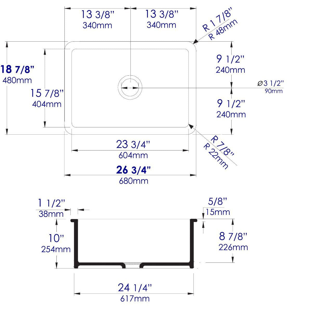 ALFI Brand ABF2718UD-W White 27" x 18" Fireclay Undermount / Drop In Firelcay Kitchen Sink