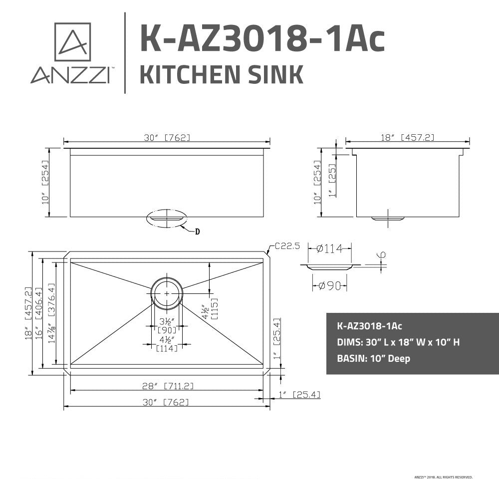 ANZZI Aegis 30" Single Basin Stainless Steel Undermount Kitchen Sink With Cutting Board and Colander