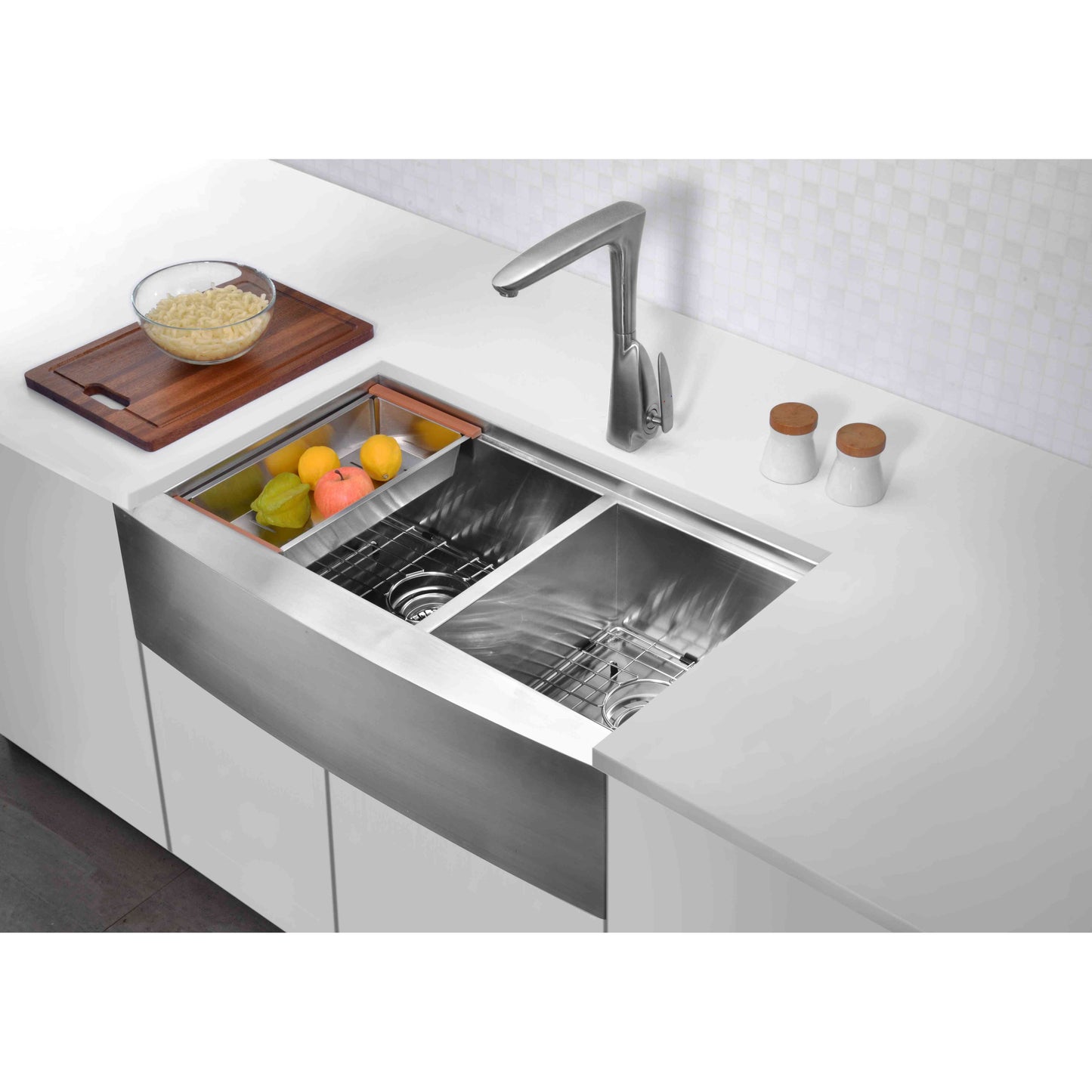 ANZZI Aegis Series 33" Double Basin 60/40 Stainless Steel Farmhouse Kitchen Sink With Cutting Board and Colander