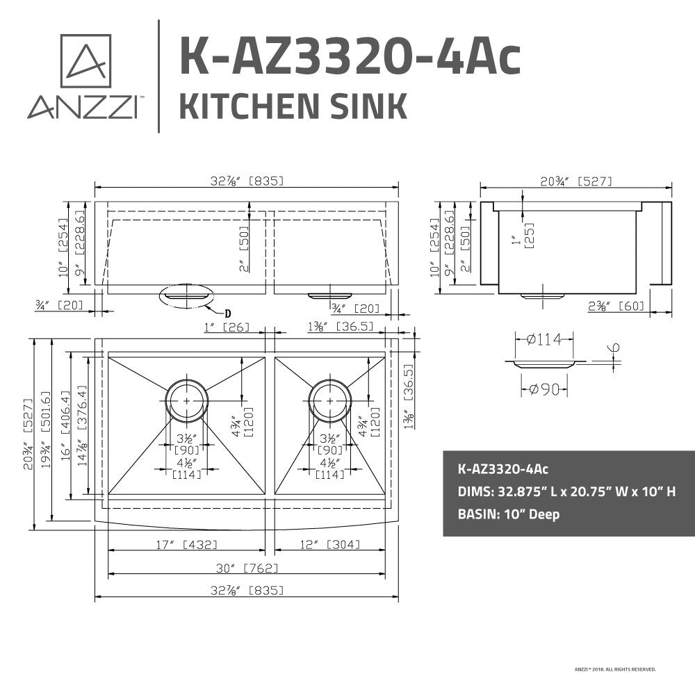 ANZZI Aegis Series 33" Double Basin 60/40 Stainless Steel Farmhouse Kitchen Sink With Cutting Board and Colander