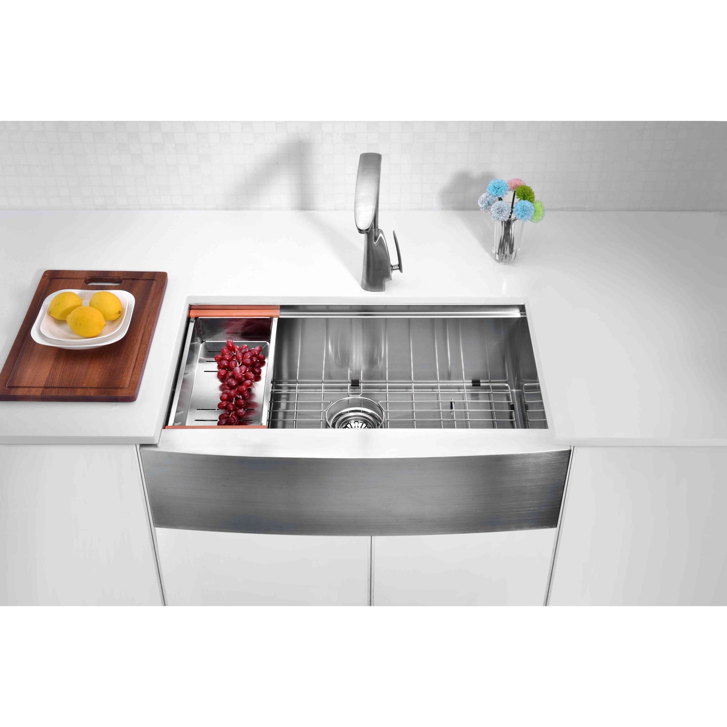 ANZZI Aegis Series 33" Single Basin Stainless Steel Farmhouse Kitchen Sink With Cutting Board and Colander