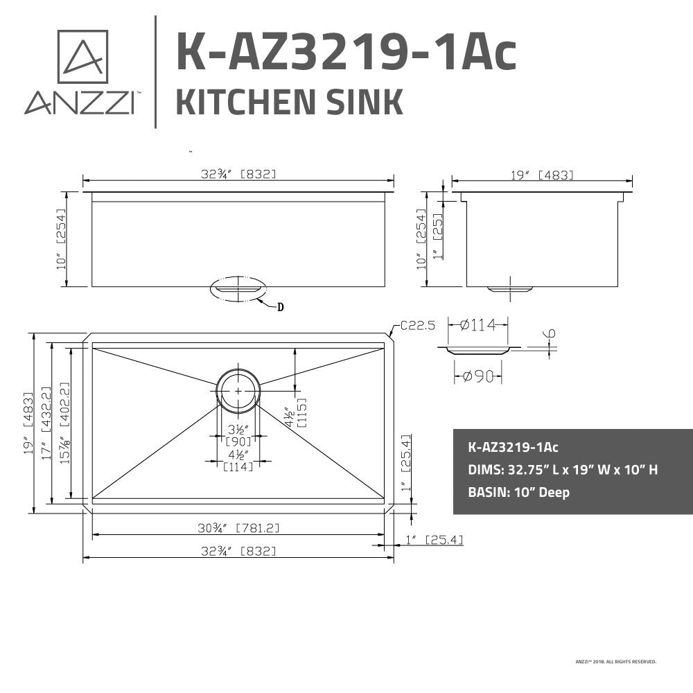 ANZZI Aegis Series 33" Single Basin Stainless Steel Undermount Kitchen Sink With Cutting Board and Colander