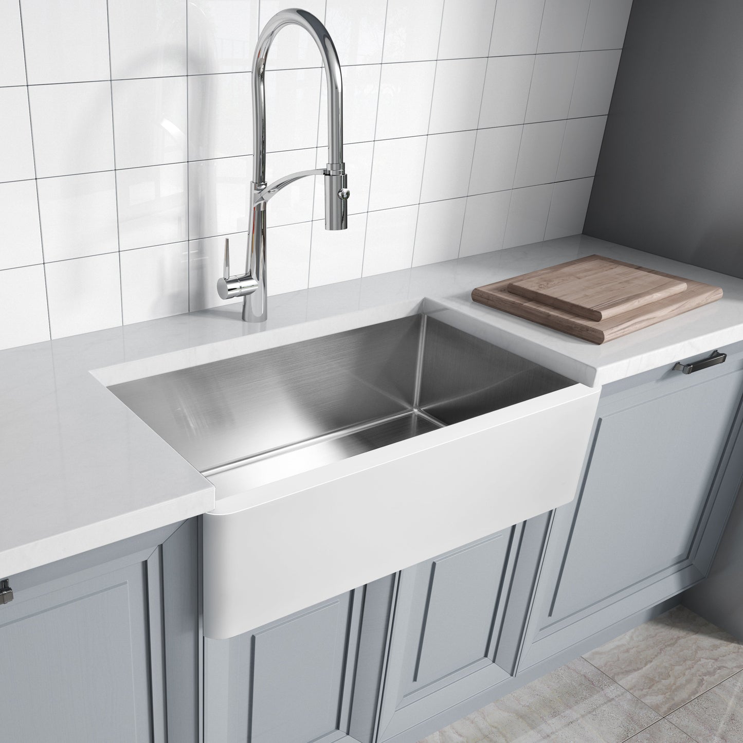 ANZZI Apollo Series 36" Single Basin Matte White Solid Surface Farmhouse Kitchen Sink With Chrome Strainer and Drain Assembly