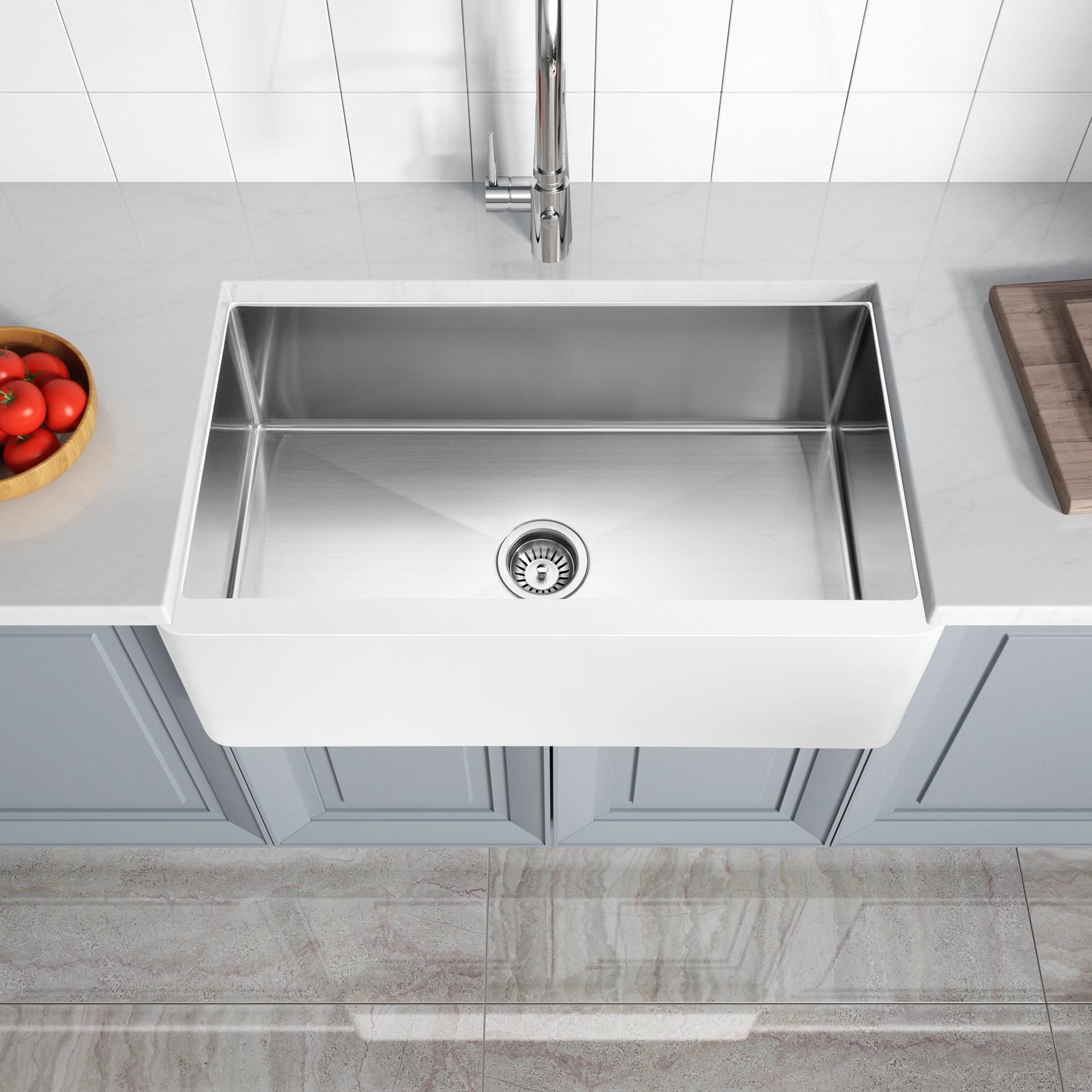 ANZZI Apollo Series 36" Single Basin Matte White Solid Surface Farmhouse Kitchen Sink With Chrome Strainer and Drain Assembly
