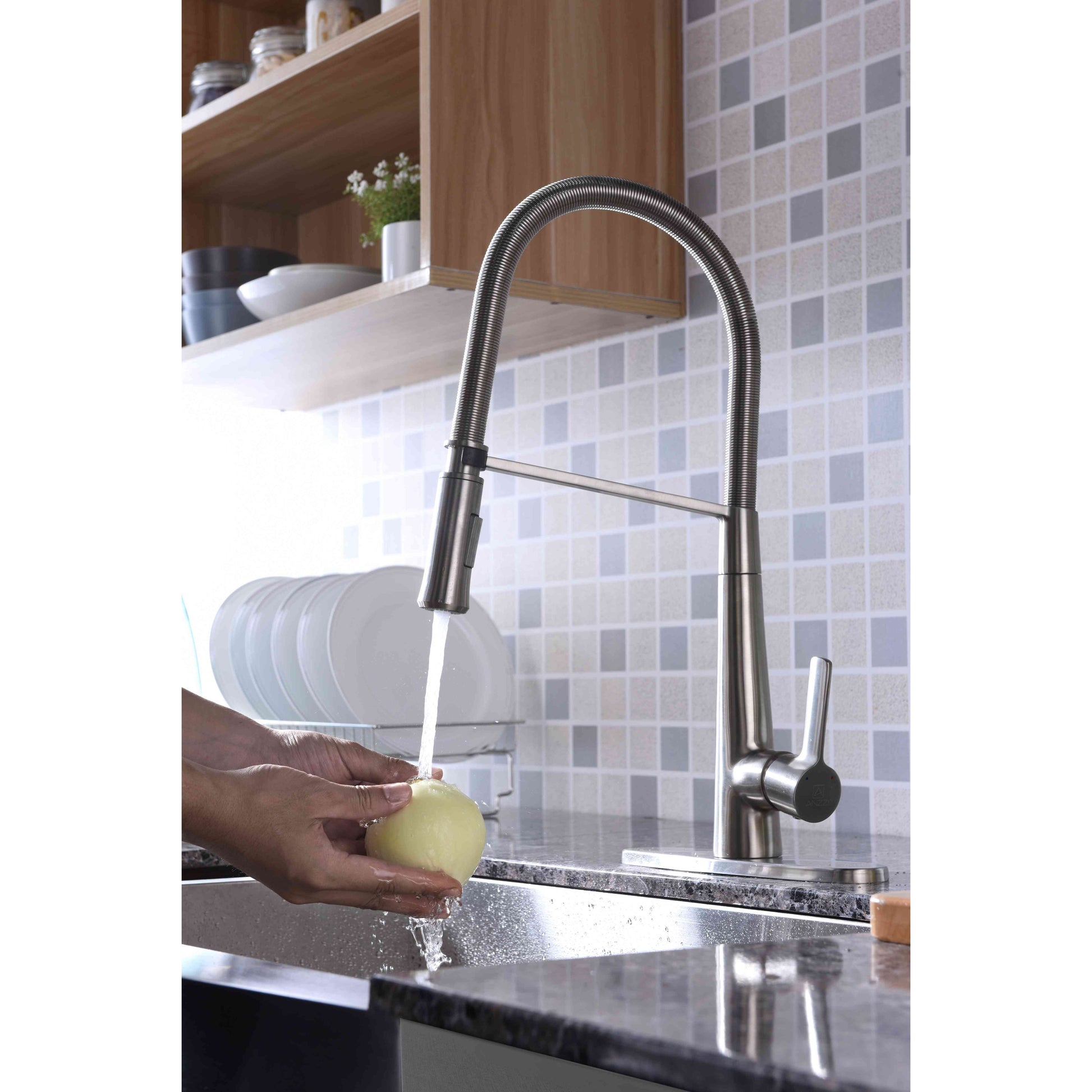 ANZZI Apollo Series Single Hole Brushed Nickel Kitchen Faucet With Euro-Grip Pull Down Sprayer