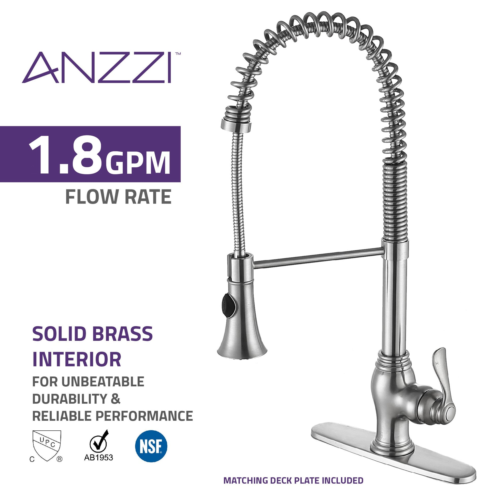 ANZZI Bastion Series Single Hole Brushed Nickel Kitchen Faucet With Euro-Grip Pull Down Sprayer