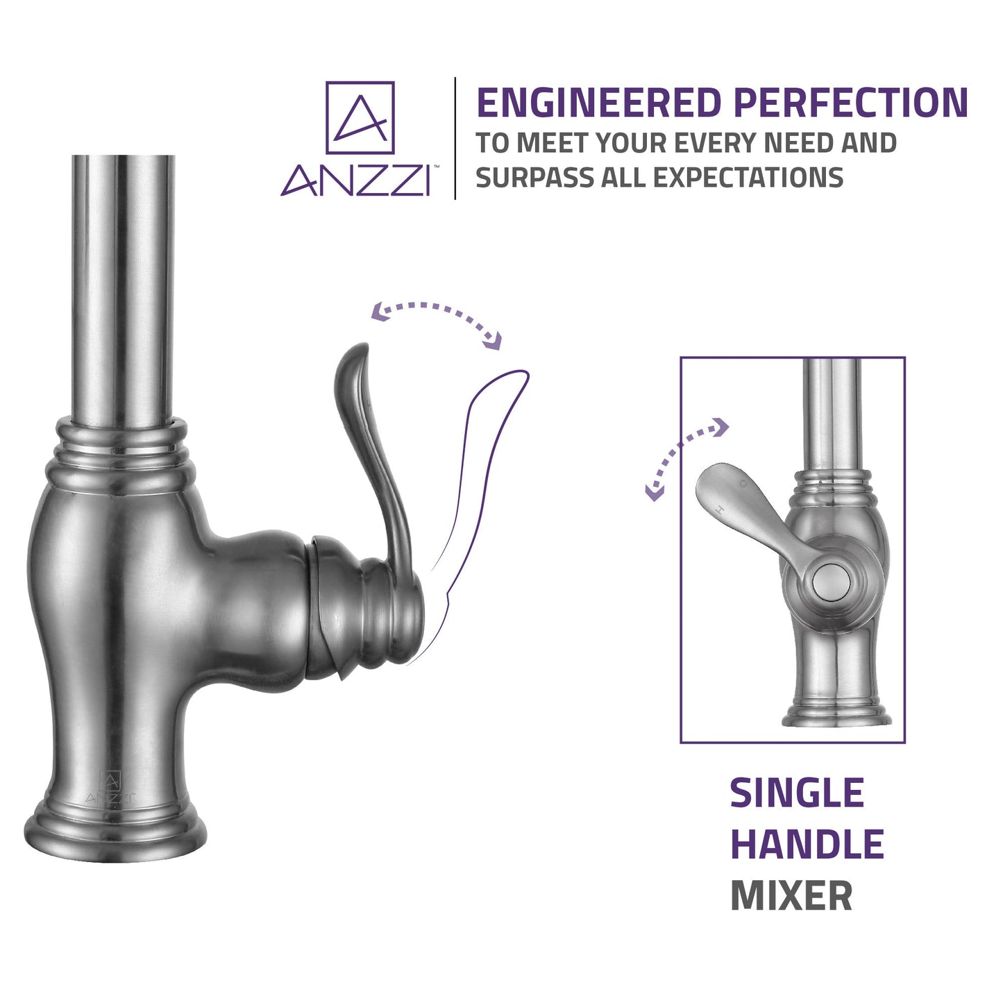 ANZZI Bastion Series Single Hole Brushed Nickel Kitchen Faucet With Euro-Grip Pull Down Sprayer