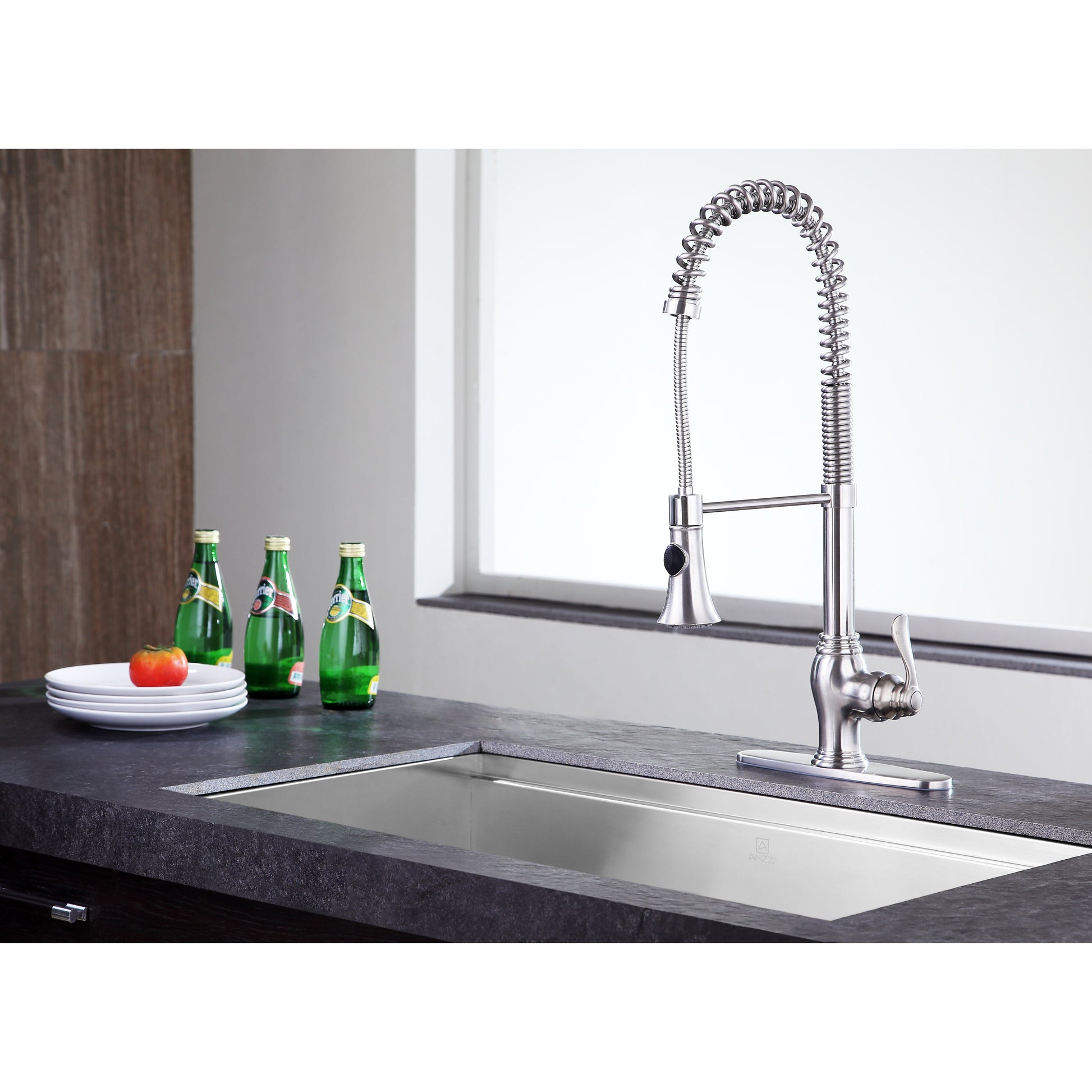 ANZZI Bastion Series Single Hole Brushed Nickel Kitchen Faucet With Euro-Grip Pull Down Sprayer